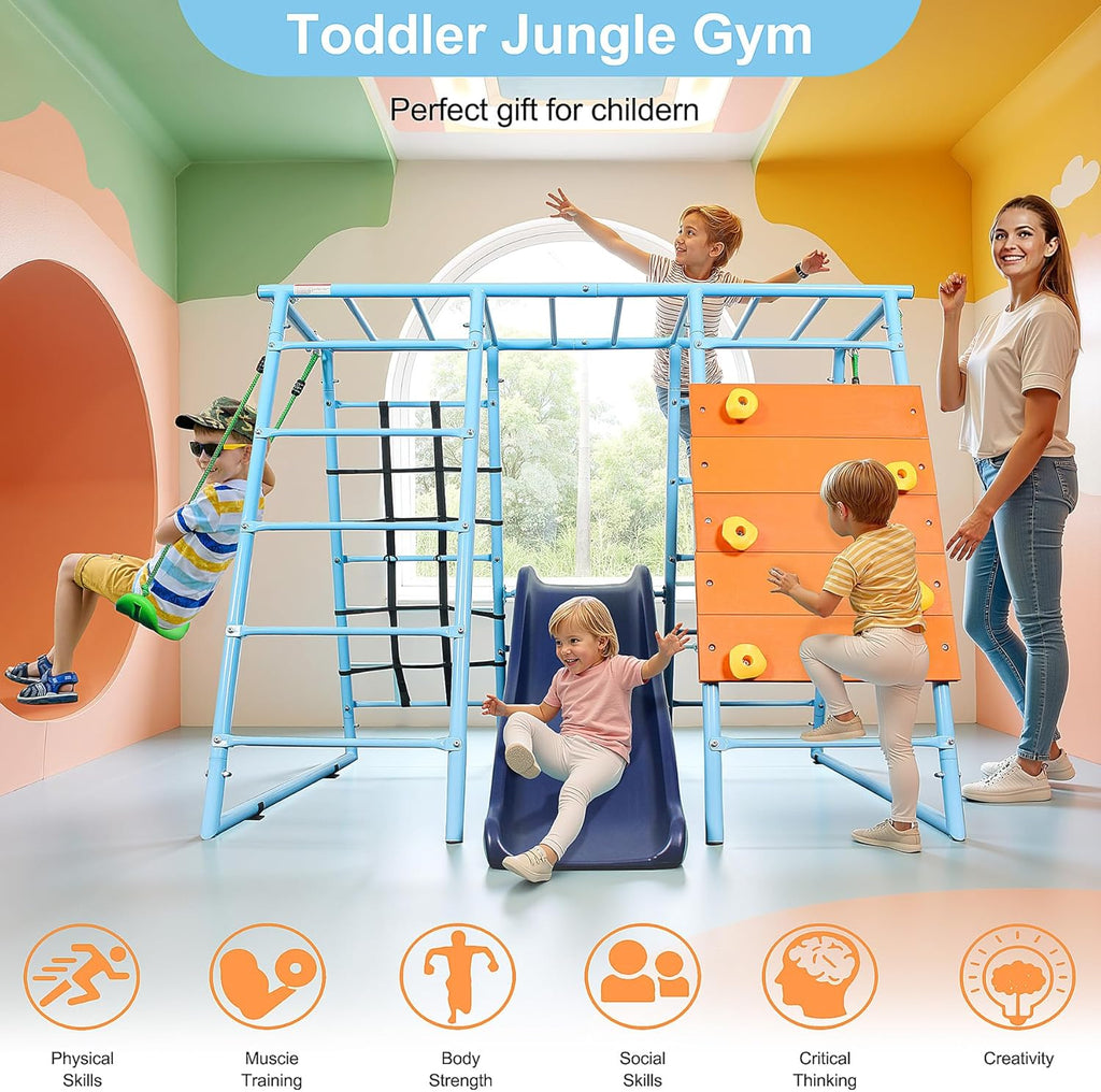 6 in 1 Indoor Playground, Metal Jungle Gym with Climbing Wall, Slide, Monkey Bars, Rope Ladders and Two Swings