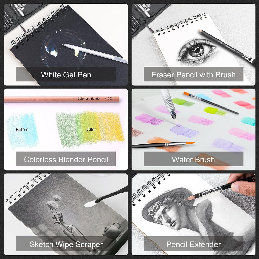 136 PCS Drawing & Sketching Set,Pro Art Supplies with Graphite,Charcoal,Colored,Watercolor,Metallic Pencils,Blending