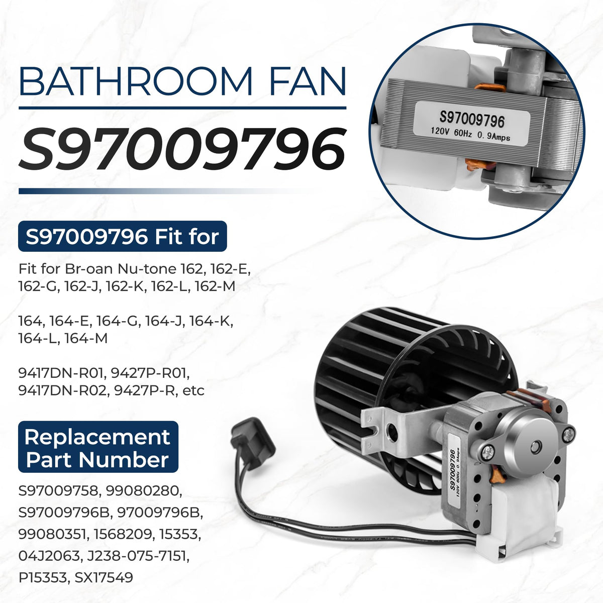 【Upgraded】 S97009796 Bathroom Replacement Fan Motor Blower Assembly Compatible with Br-oan Nu-Tone Bulb Heaters 162-E、G、J、K、L、M and 164-E、G、J、K、 L、M, Bathroom Exhaust Vent Fan Motor by Fetechmate