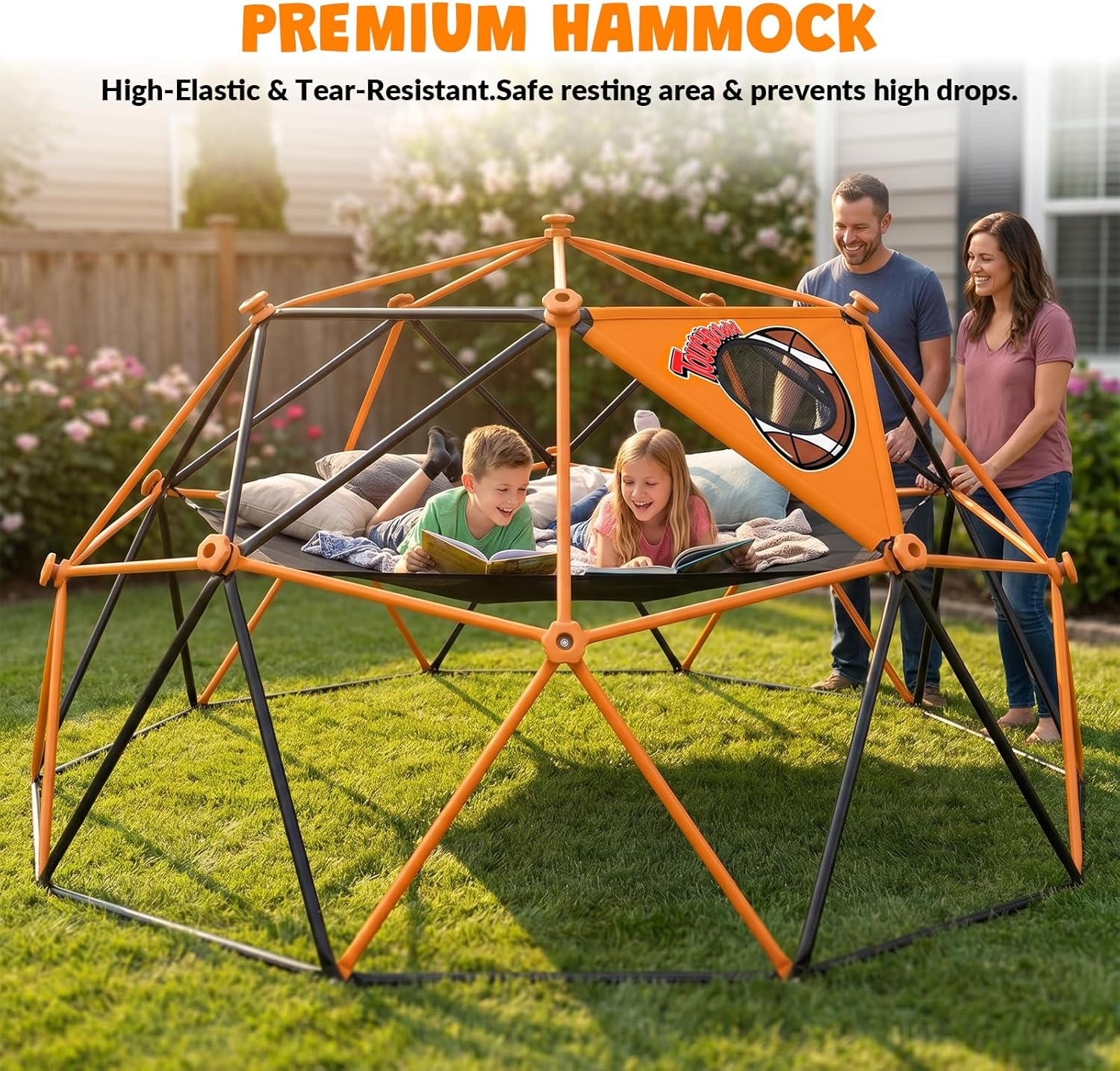 10FT Climbing Dome with Hammock & Ball Toss Game, 880LBS Geometric Dome Climber with Cat Paw Safety Holds, Anti-Rust