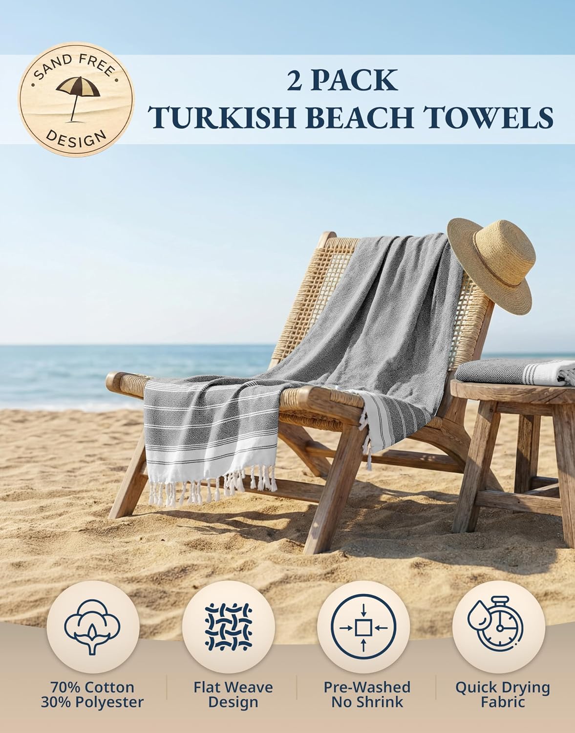 Beach Towel, 2 Pack Beach Towels Oversized, 39"x71", XL - Ebony | Quick Dry Pool Towels for Adults - Absorbent Sand