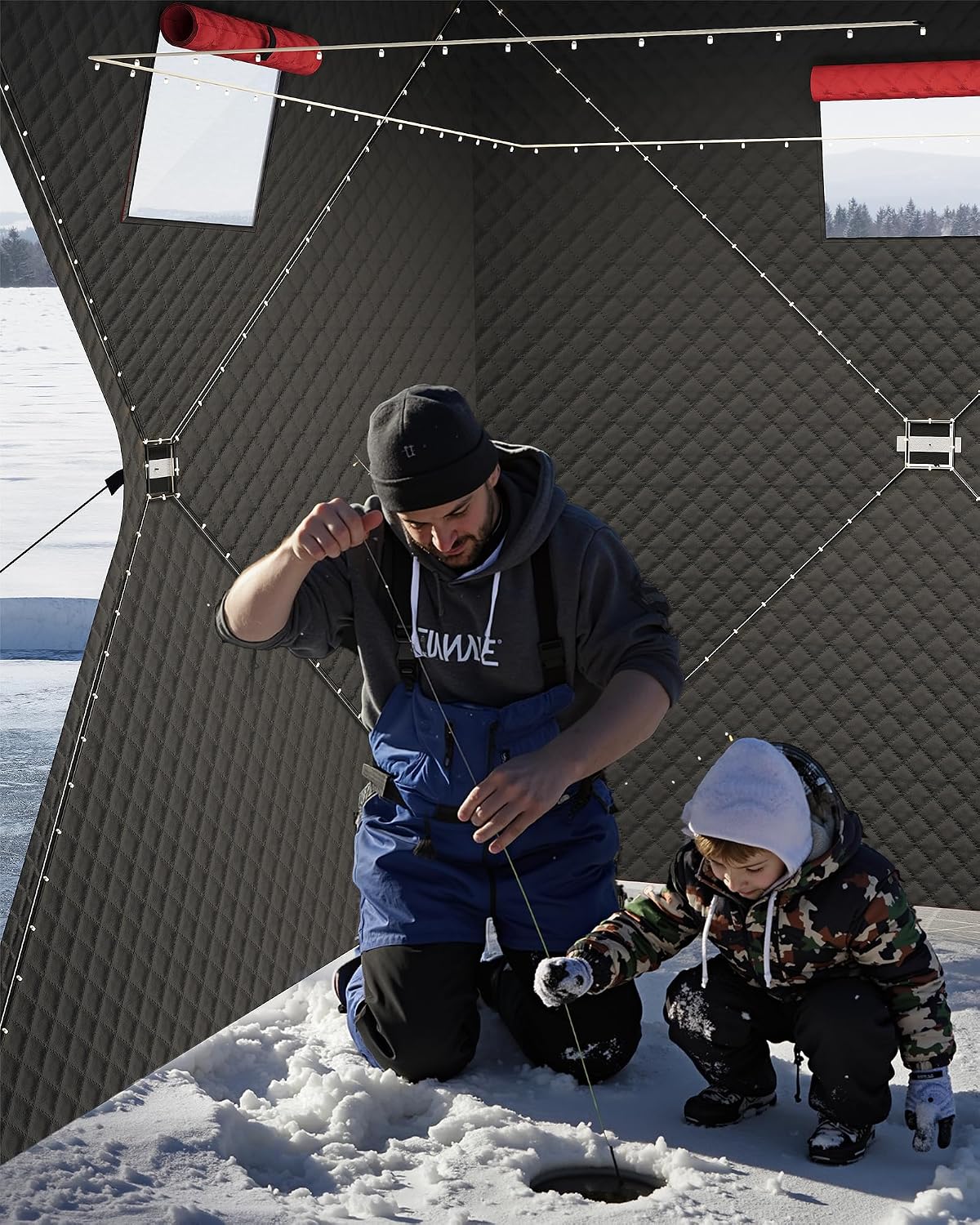 Pop-Up Ice Fishing Tent, 2 Person Portable Hub-Style Insulated Ice Fishing Shelter with Carrying Bag, Zippered Door