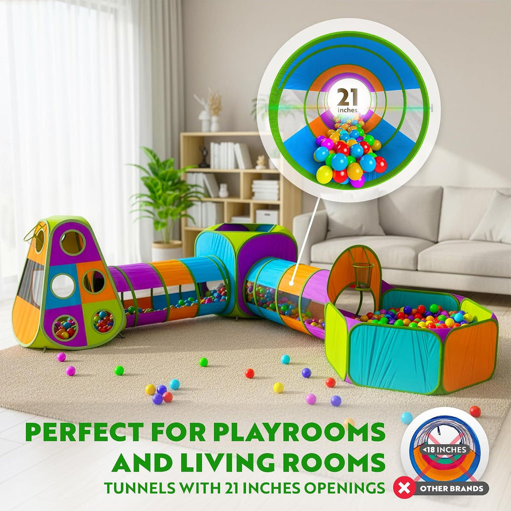 5-Piece Kids Pop up Play Tent Crawl Tunnel and Ball Pit with Basketball Hoop Playhouse for Boys, Girls, Babies, and