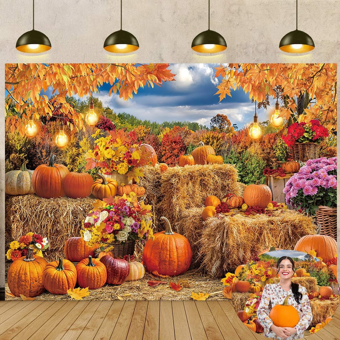 Autumn Harvest Banner Backdrop 7x5FT Fall Farm Pumpkin Hay Bale Photography Background Thanksgiving Maple Leaves