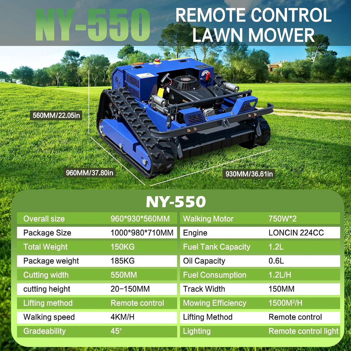 Remote Control Brush Mower – 9HP Gas, 55cm Wide Deck, Auto-Retract Blades, 45° Slope, 1600W Brushless Drive – for