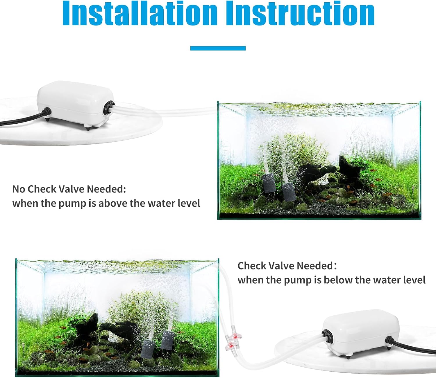 Aquarium Air Pump for 20-210 Gallon Tank, Fish Air Bubbler, Hydroponic Oxygen Aerator with Stones, Airline Tubing