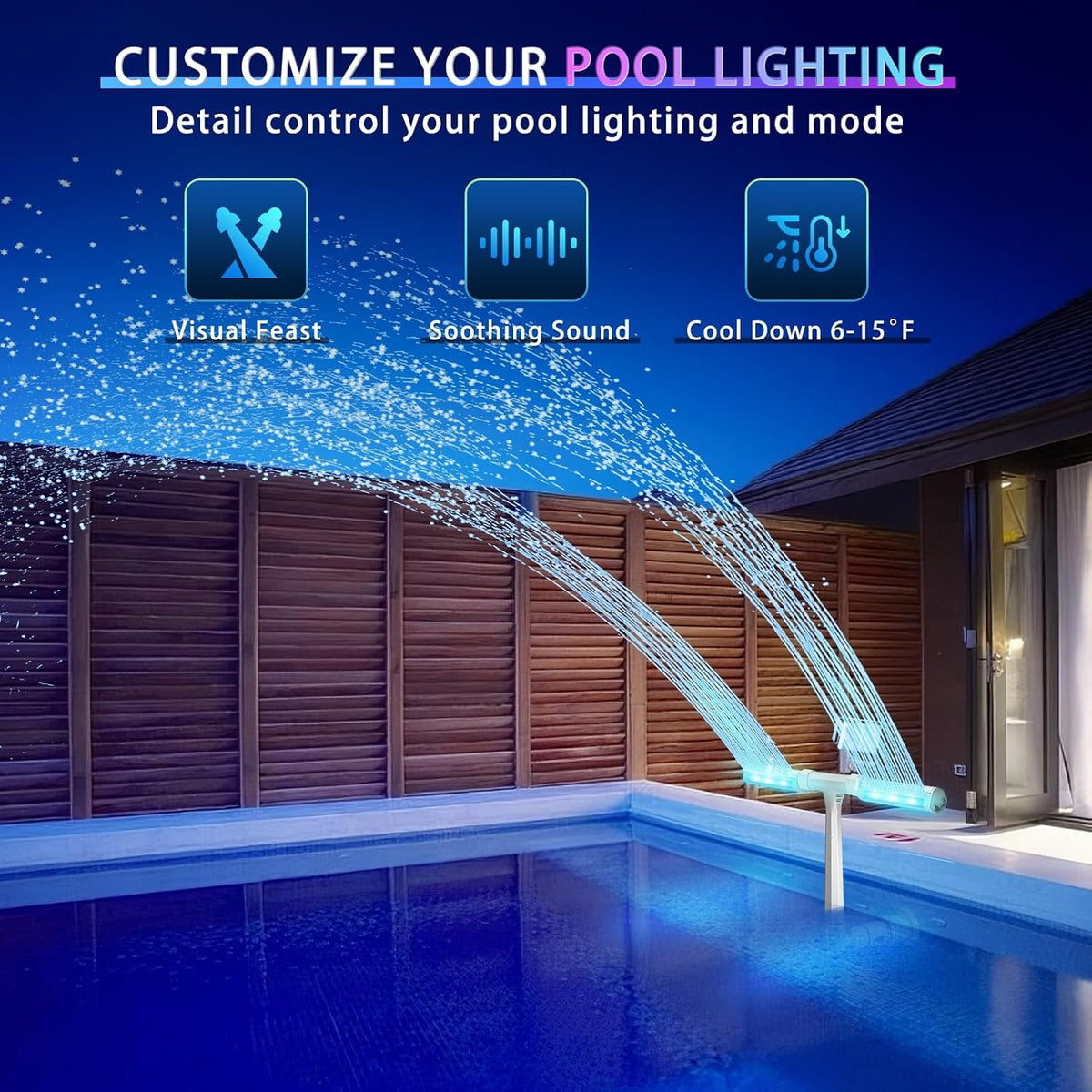 Pool Fountain with Light, 16-Color 12-Modes, Dual Spray Water Fountains for Above Ground & In-ground Pools, APP