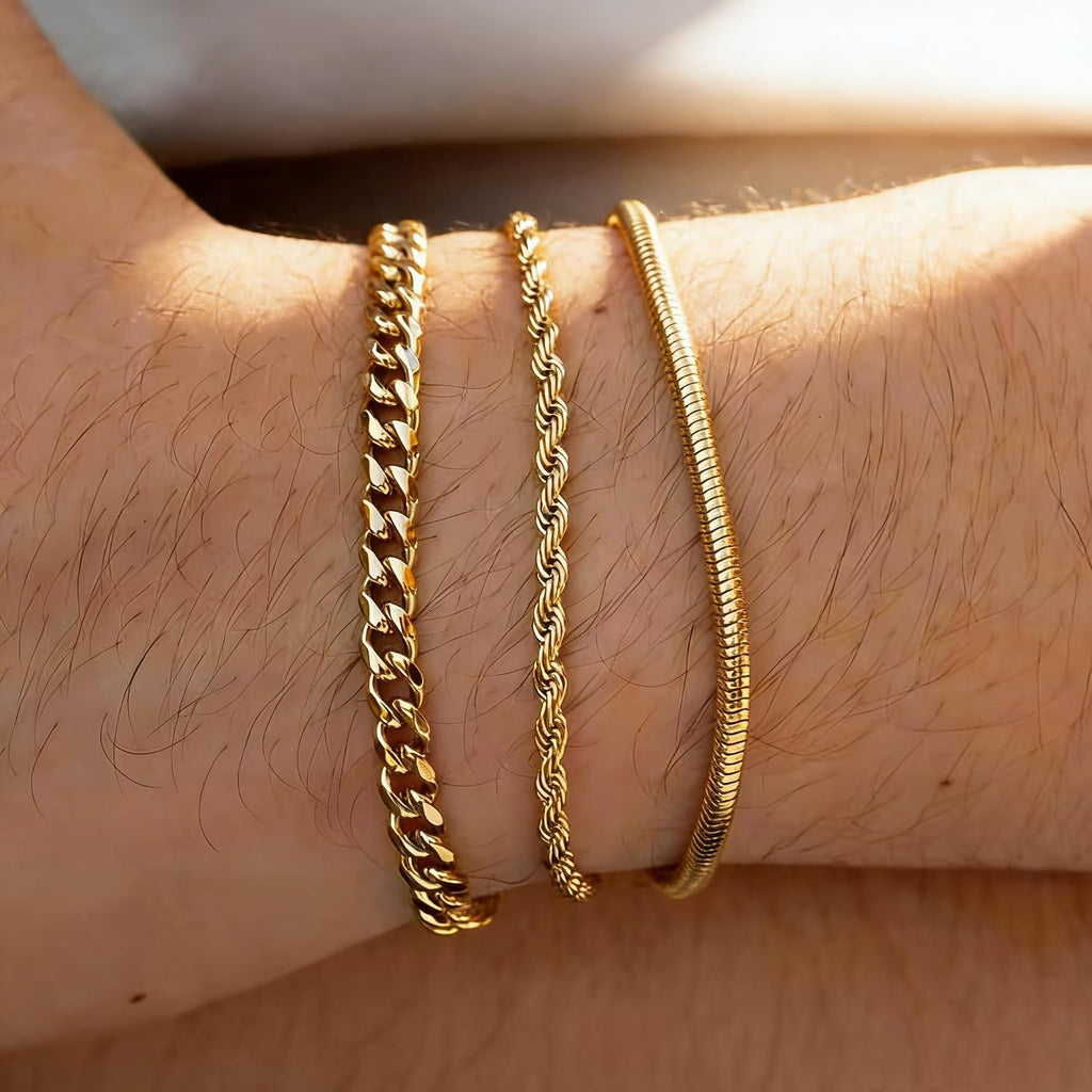 Gold Bracelets for Men Trendy - Dainty Gold Plated Stainless Steel Snake Link Bracelet Stack Rope Figaro Herringbone
