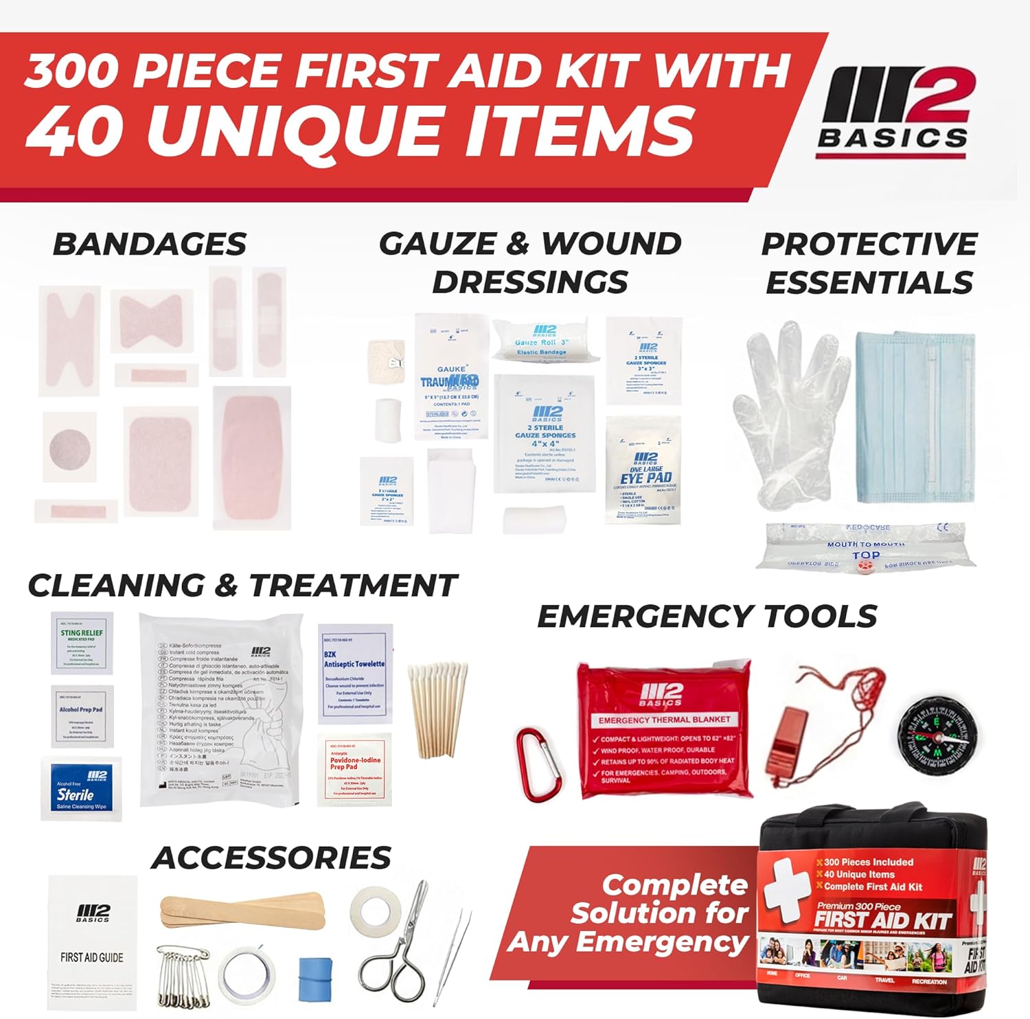 300 Piece Premium First Aid Kit w/Durable Bag for Home, Business | Office, Workplace, Car, Garage, Kitchen, Family
