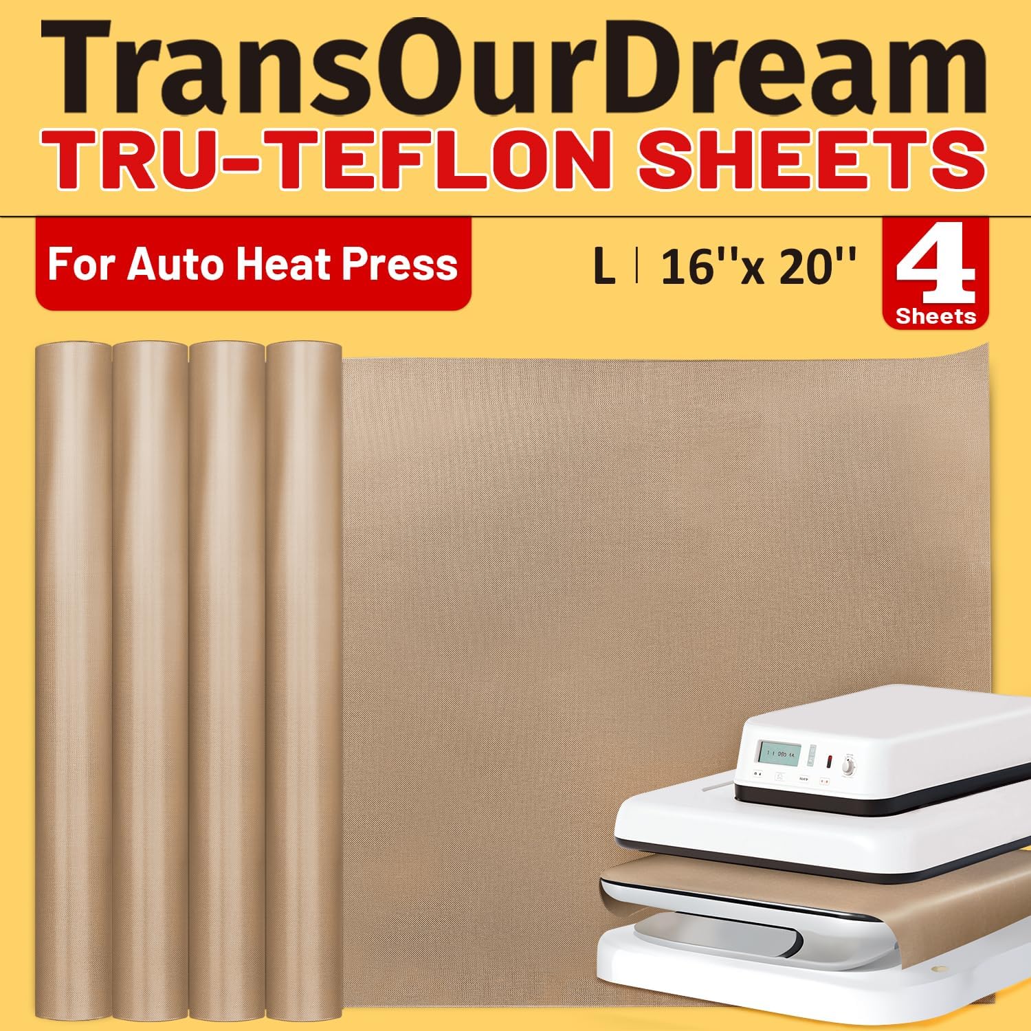 PTFE Teflon Sheets, 16 x 20", 4 Pack | Suitable For Auto Heat Press,For Heat Transfer Paper, For Sublimation Paper