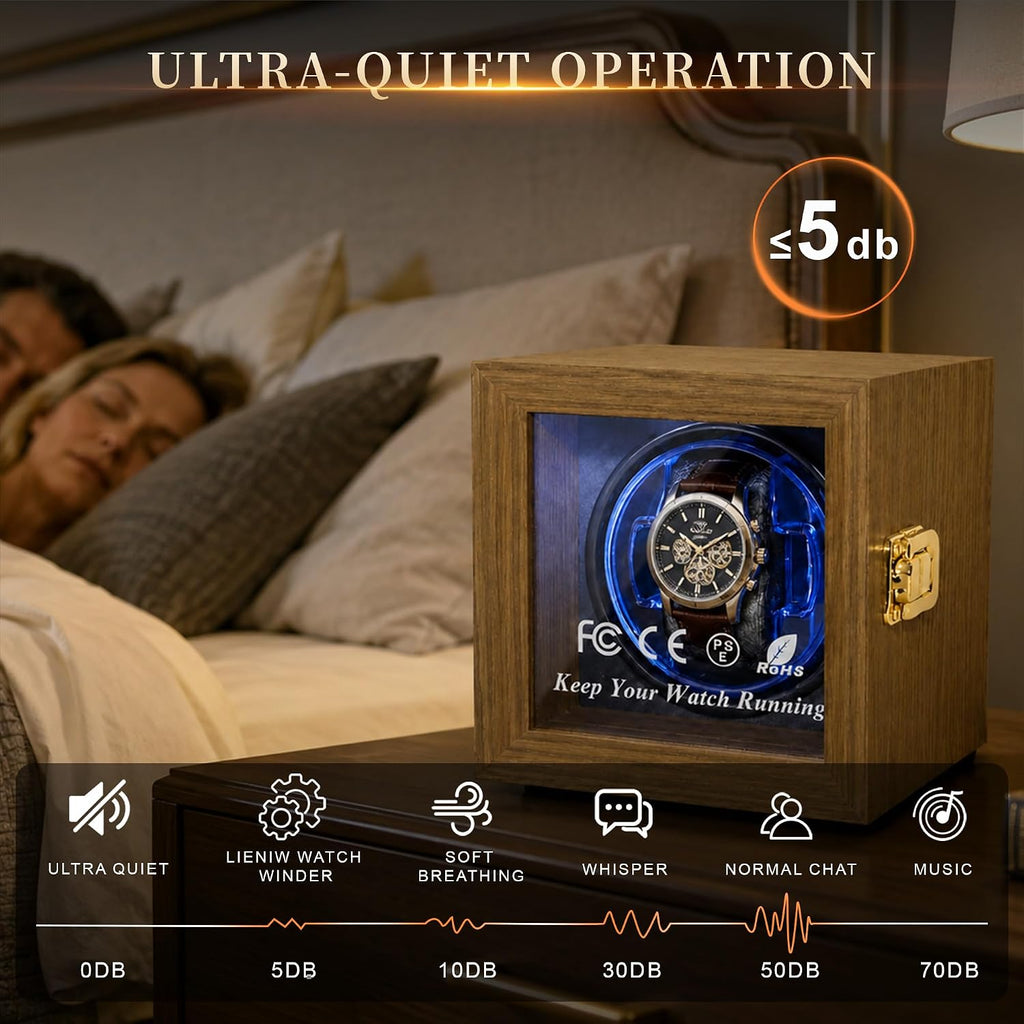 Watch Winder for Automatic Watches, Walnut Single Winding Watch Box with Blue LED & Japanese Quiet Motor for Rolex