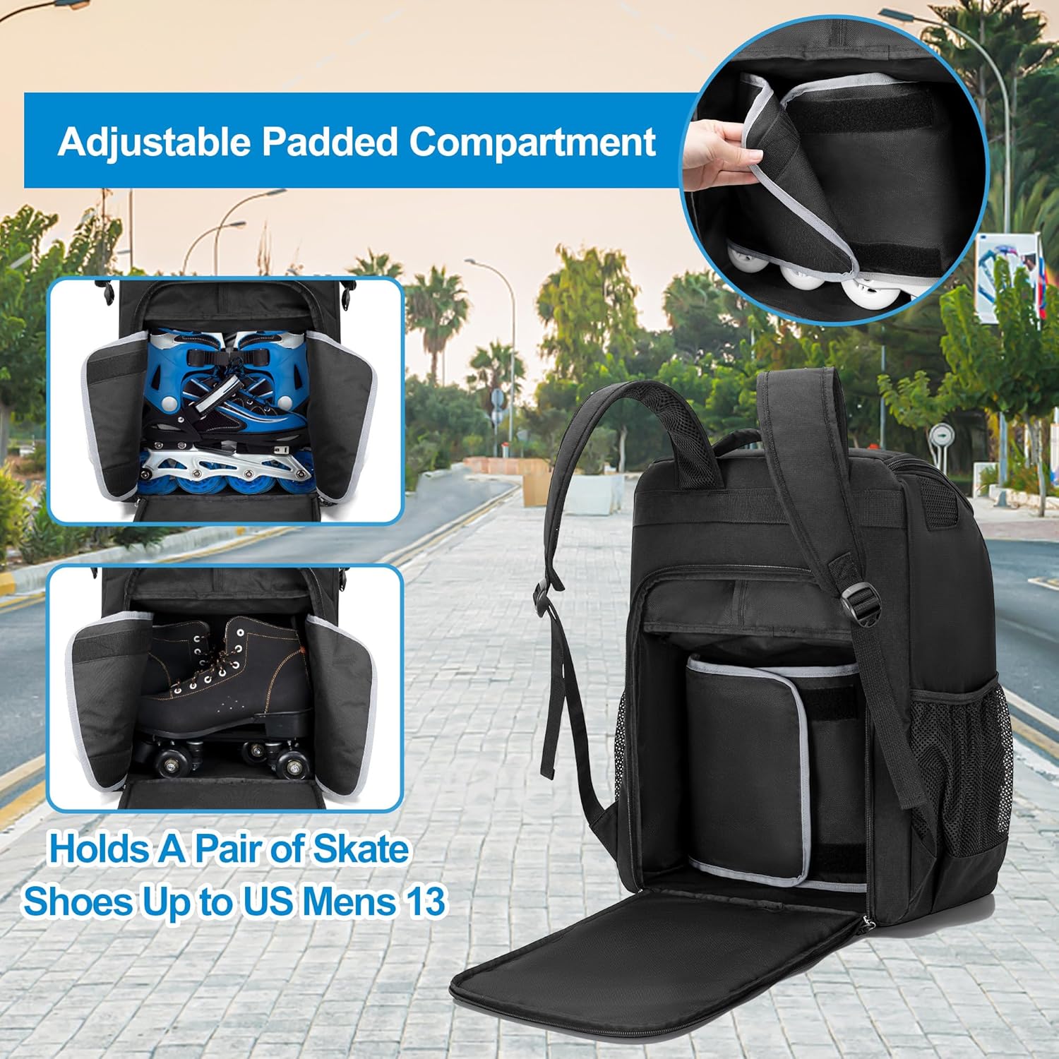 Roller Skate Bag Fits Shoes Up to US Mens 13, Inline Skate Backpack | Ice Skate Backpack with Top Helmet Pocket, Quad