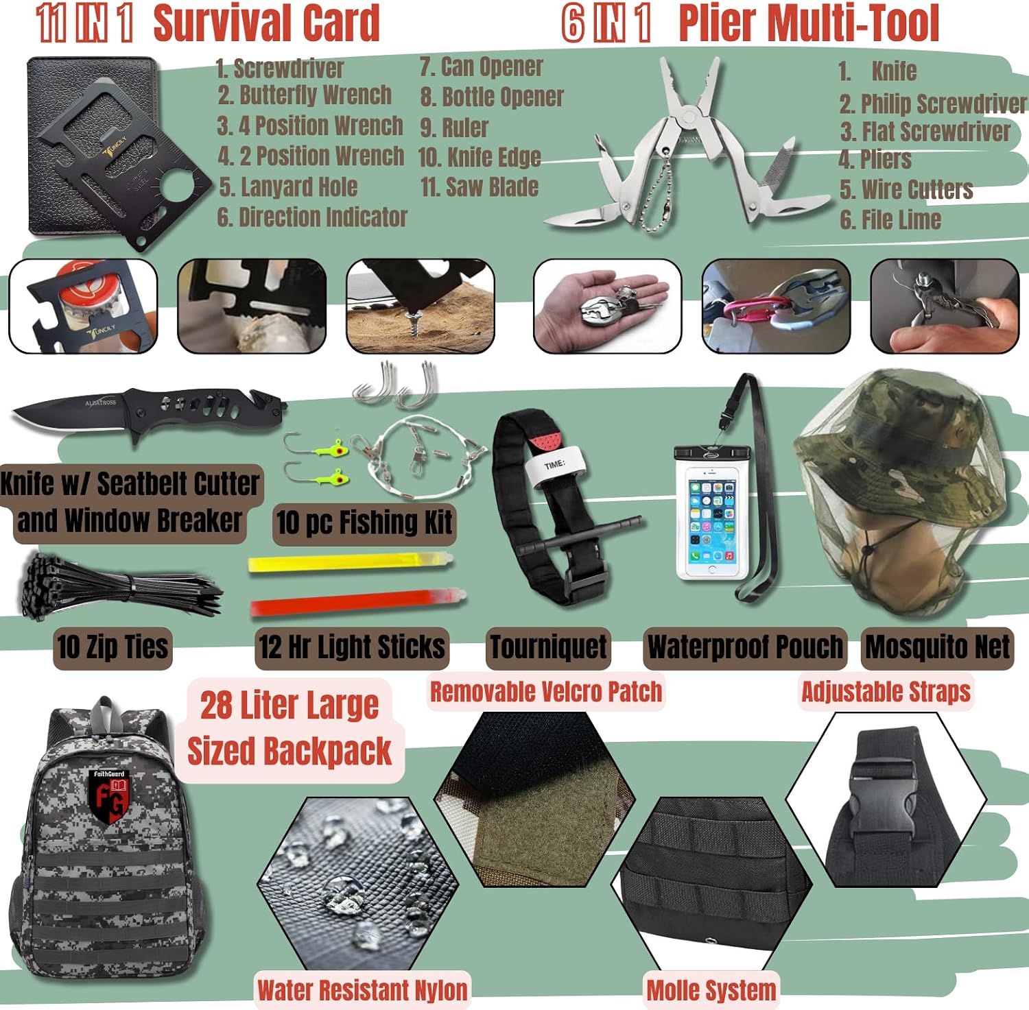 460 PC Complete Survival Kit and First Aid Kit | Tactical Backpack with Survival Gear | Bug Out Bag | Fire Starter