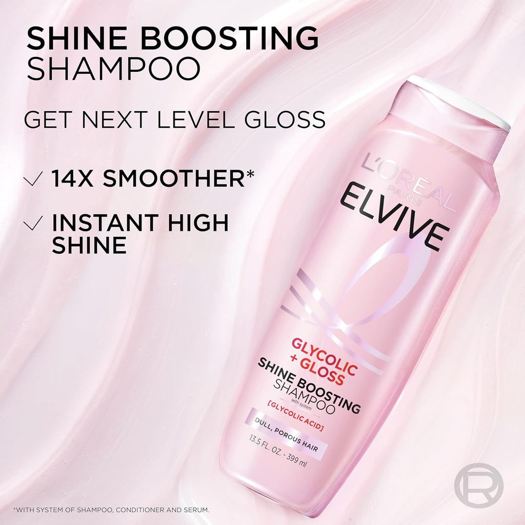 Elvive Glycolic + Gloss Shine Boosting Shampoo and Conditioner Set, Cleanses and Smooths Dull, Porous Hair Into