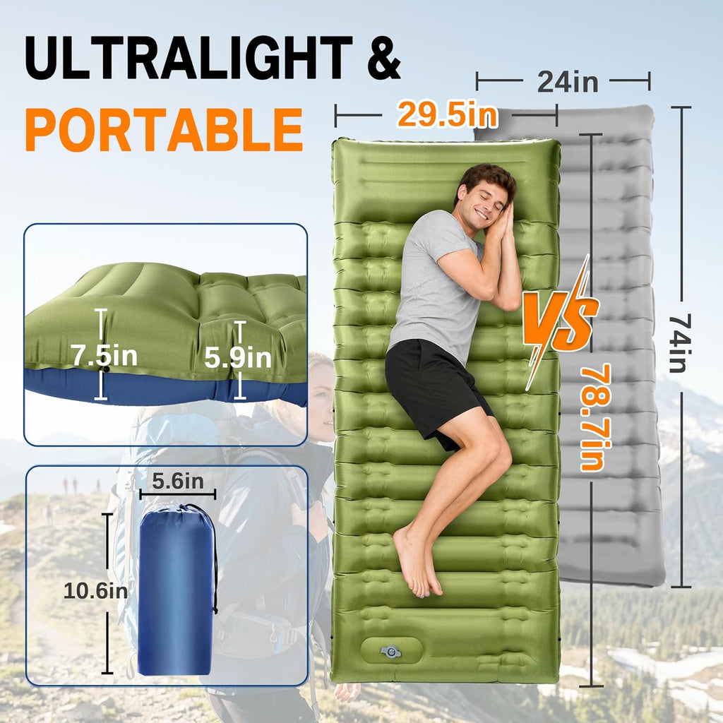 Camping Sleeping Pad, 5.9" Extra-Thick Reinforced Camping Mat with Built-in Pillow & Foot Pump, Ultralight Compact