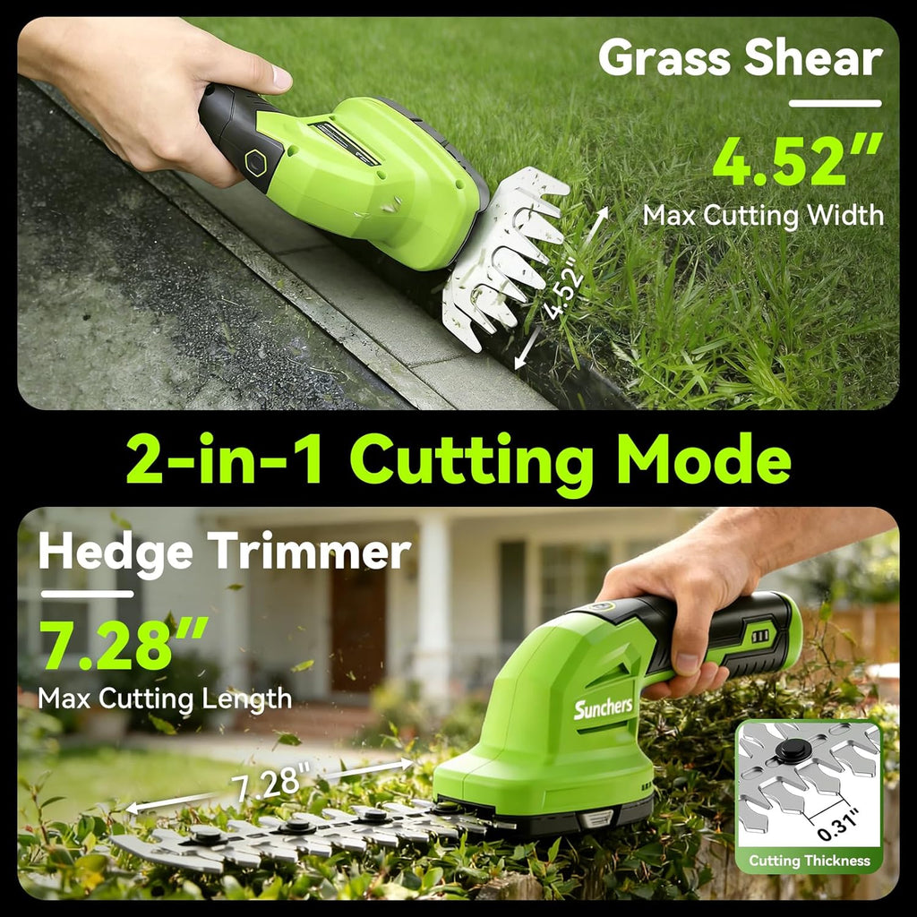 2 in 1 Hedge Trimmer Cordless, 7.2V Electric Grass Cutter Hedge Shears, Handheld Shrub Bush Trimmer, Lightweight