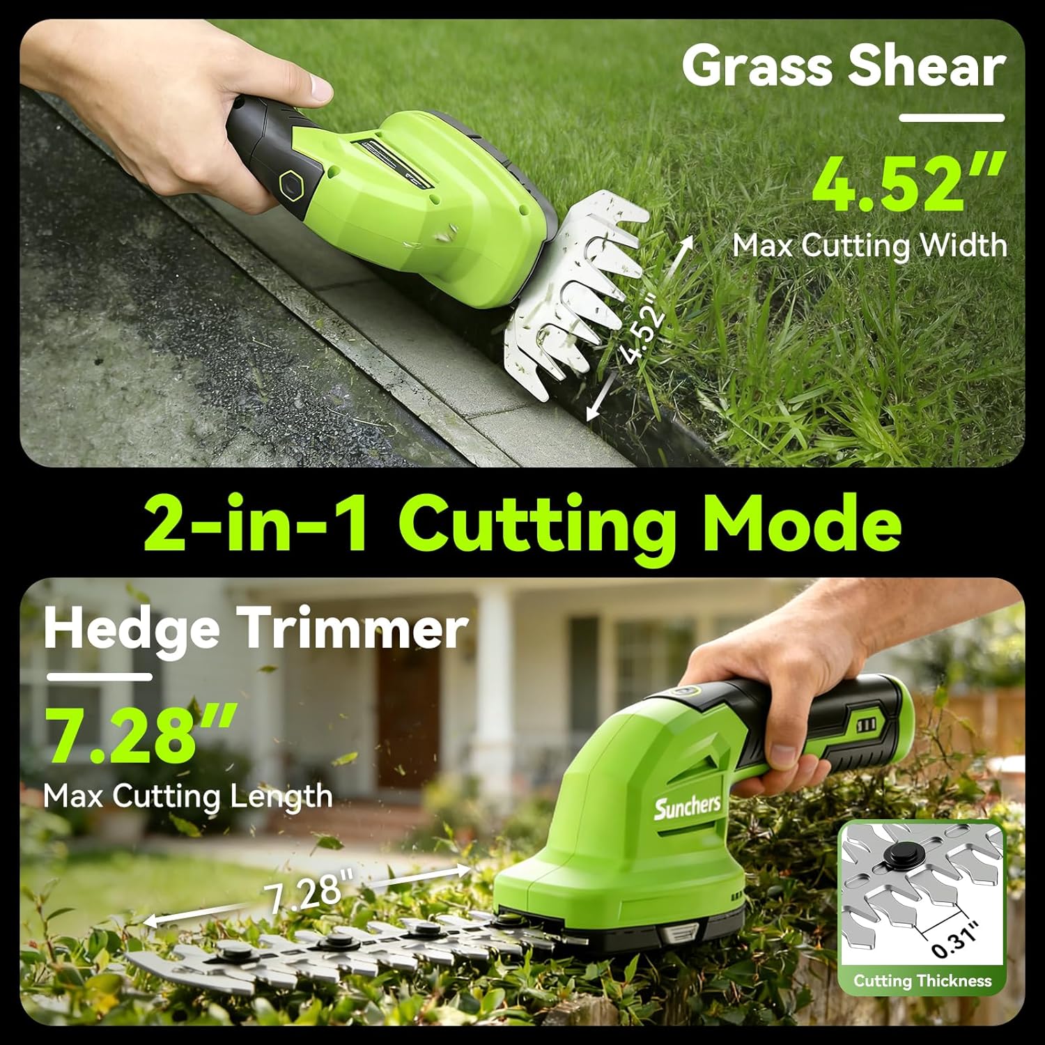 2 in 1 Hedge Trimmer Cordless, 7.2V Electric Grass Cutter Hedge Shears, Handheld Shrub Bush Trimmer, Lightweight