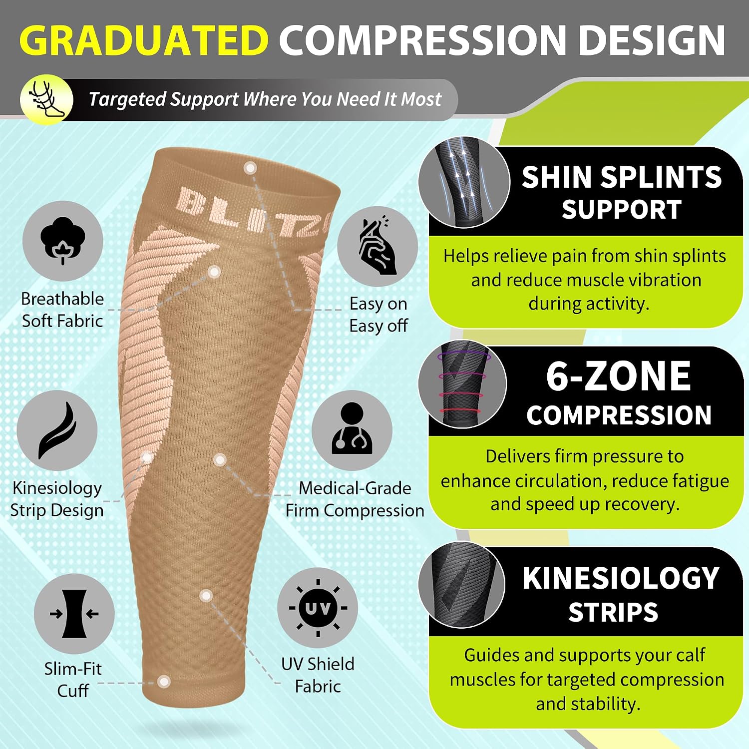 Calf Compression Sleeve for Men & Women Footless Compression Socks Support Runners Leg Sleeve Shin Splints Pain Relief