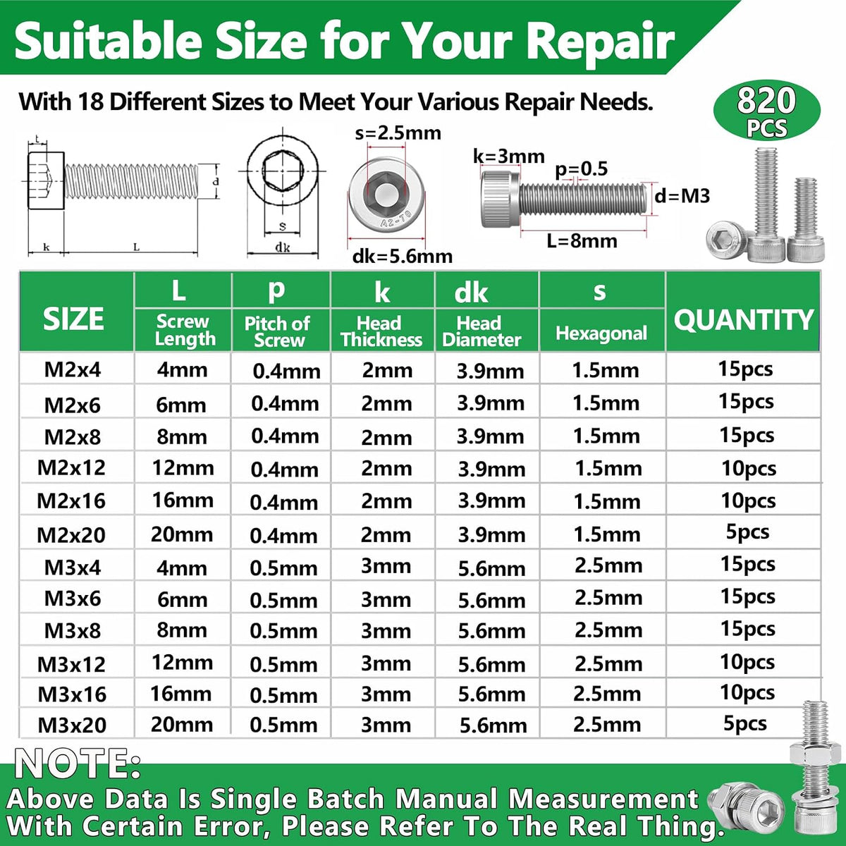 820Pcs Screw Assortment Kit, M2-M4 Stainless Steel Hex Socket Cap Bolts