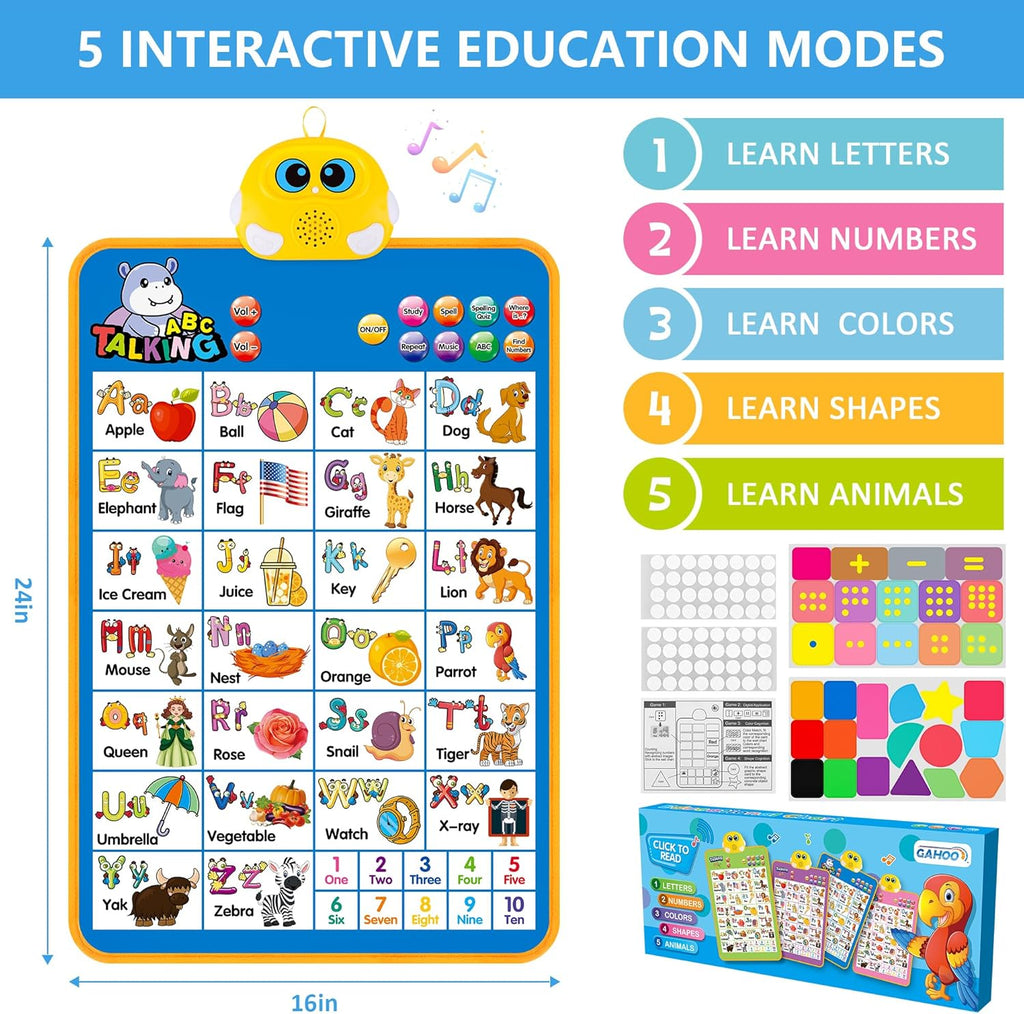 Electronic Alphabet Wall Chart, Kids Learning Toys for Toddlers 1-3 - Blue | Talking ABC, 123s, Music Poster