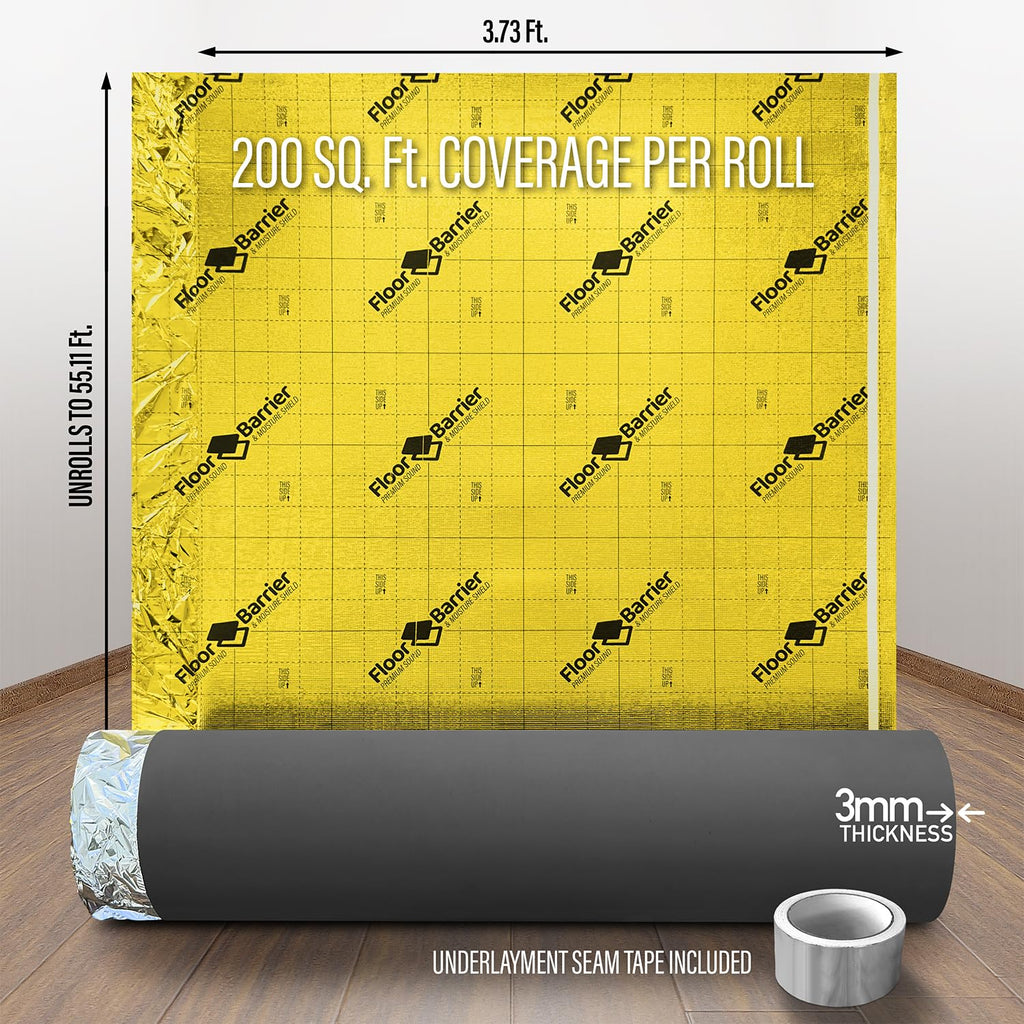 Premium Floor Underlayment with Moisture Barrier – 200 sq ft Roll, 3mm Thick – Quiets Foot Traffic Noise, Under Floor