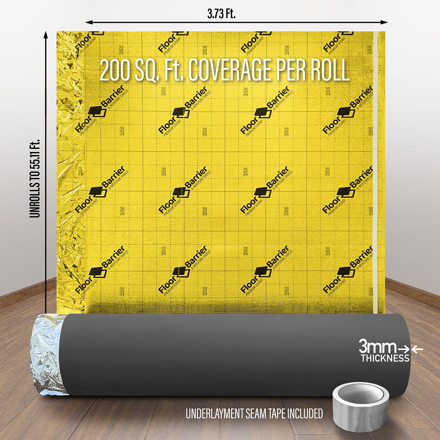 Premium Floor Underlayment with Moisture Barrier – 200 sq ft Roll, 3mm Thick – Quiets Foot Traffic Noise, Under Floor