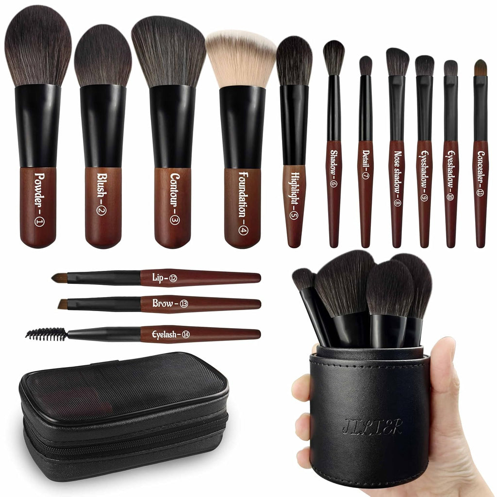 Travel Makeup Brush Set, 14 pcs Mini Makeup Brushes for Foundation, Powder, Eyeshadow, Highlight, Contour, Blush &