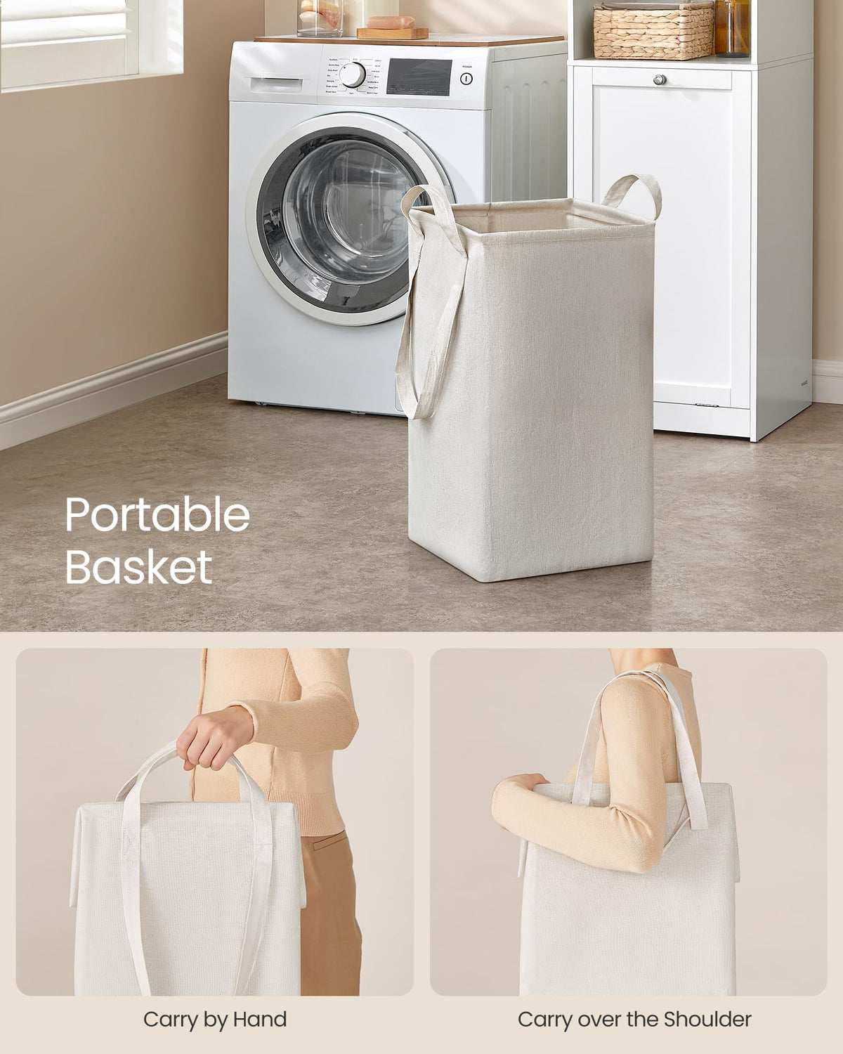 Tall Storage Cabinet, with Removable Laundry Basket, Cloud White