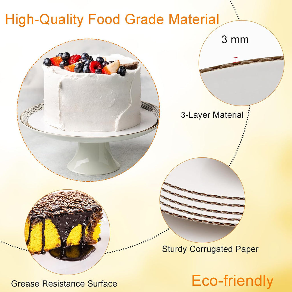 8 Inch White Round Cake Boards - Circle Cardboard Base, Sturdy Corrugated, Disposable Plates 12-Pack