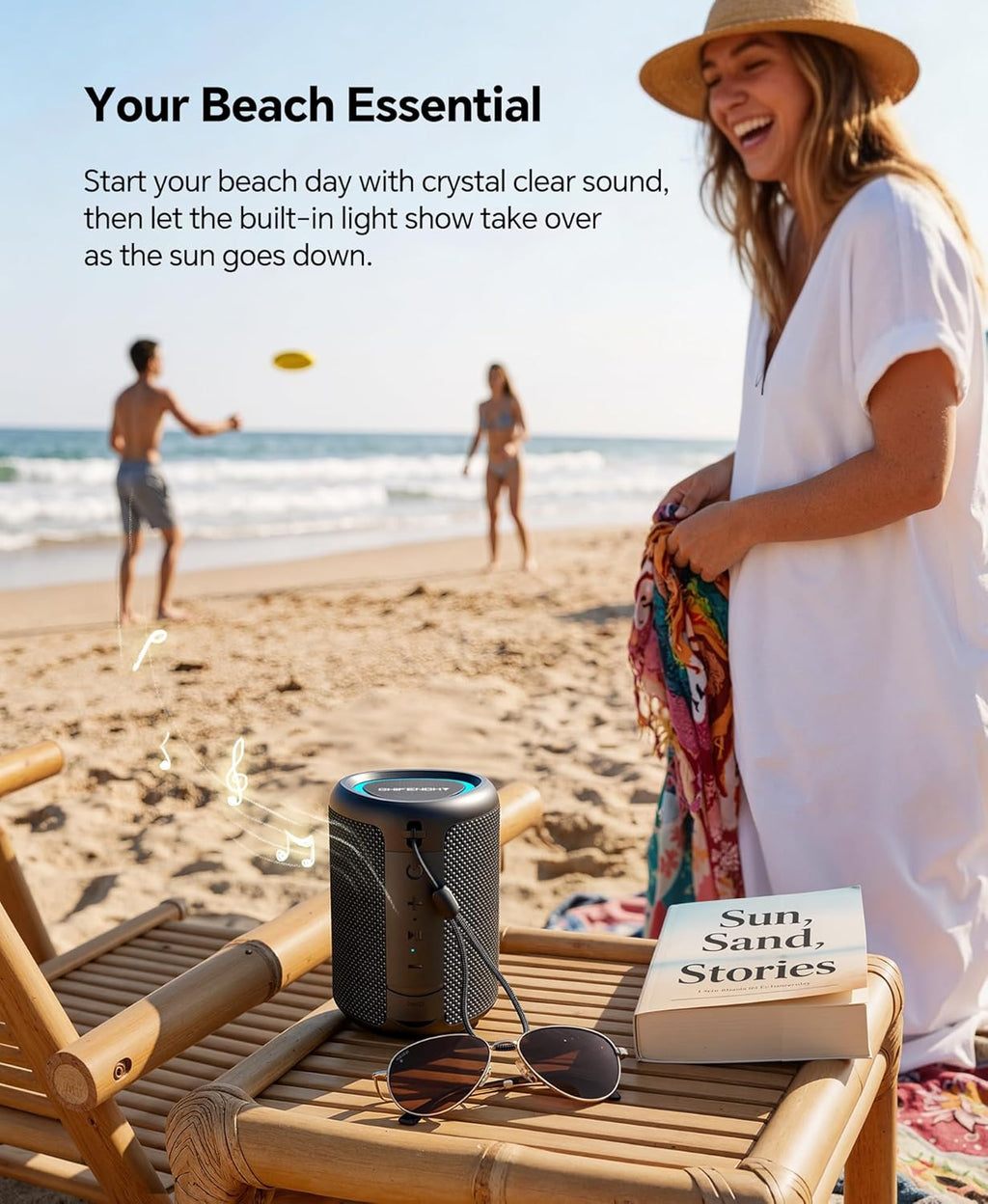 Portable Bluetooth Speaker Beach Essentials: Powerful Crystal Clear Sound/Dynamic Light/IPX5 Waterproof/All Day
