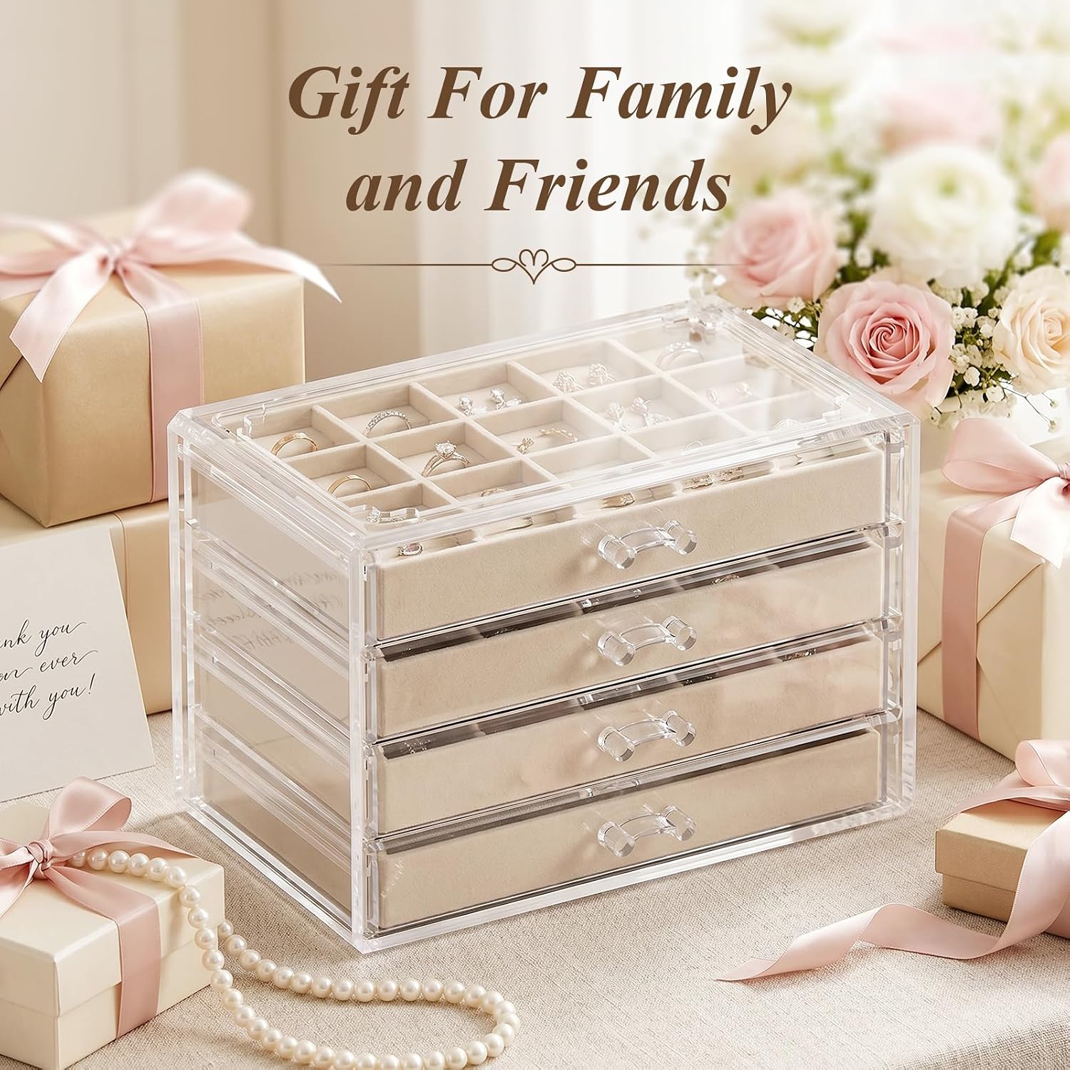 Clear Jewelry Box with 4 Drawers,Acrylic Jewelry Organizers and Storage with Velvet Trays,Earring Holder Organizer