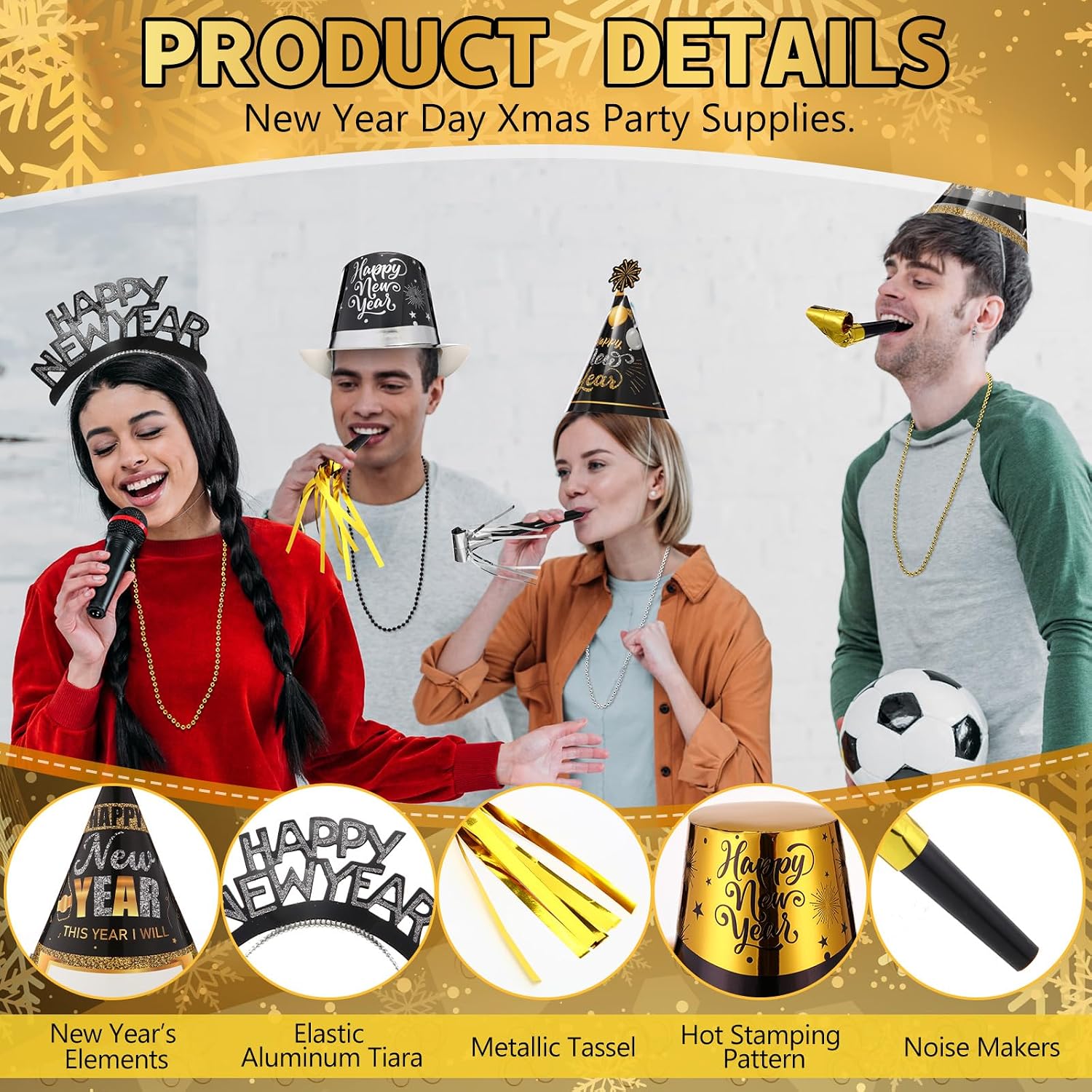 328 Pcs New Years Eve Party Supplies Set 2027 for 48 People Include Top Hats Cone Hats Headband Tiara Horns Noise