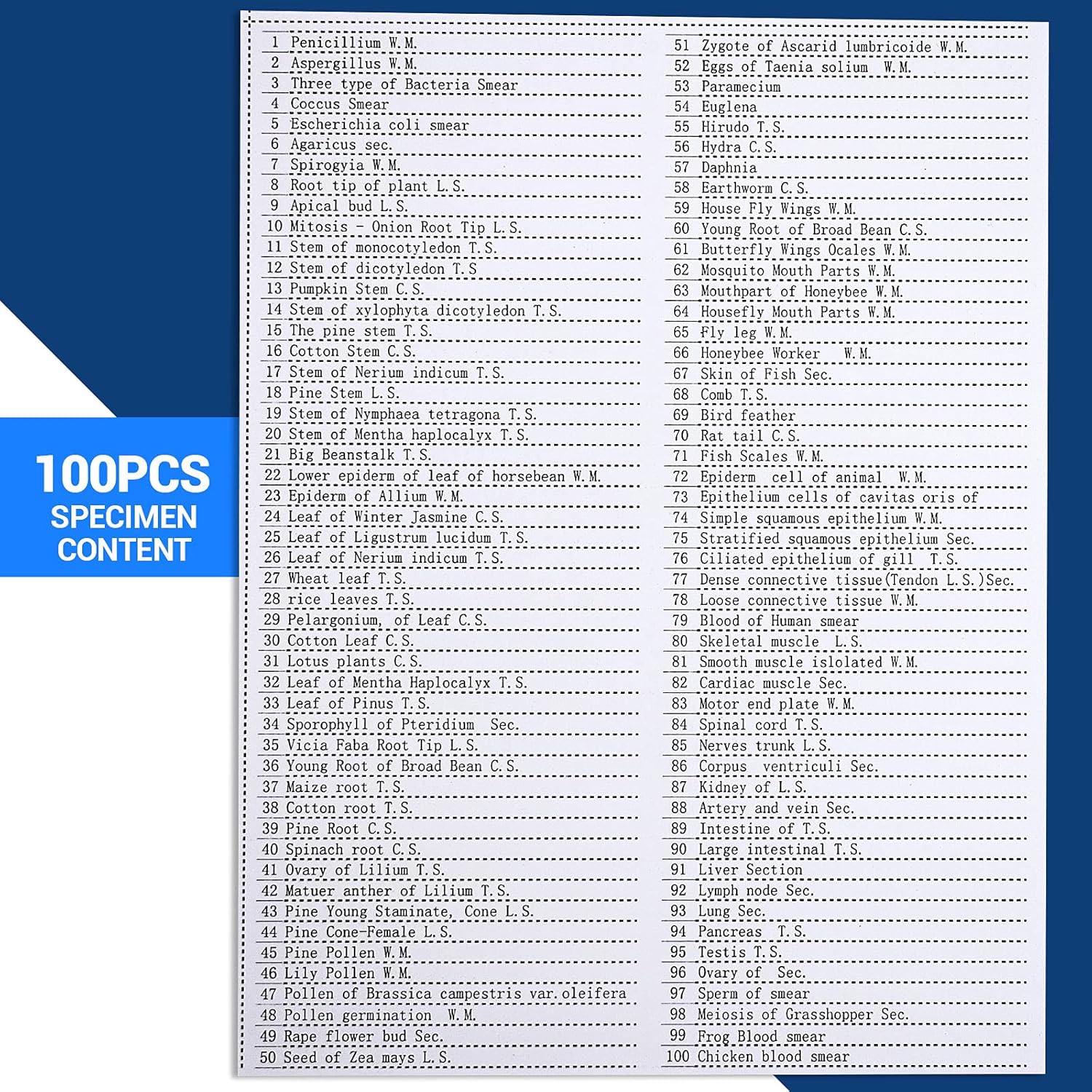 100 Prepared Microscope Slides with Specimens for Kids Adults - Bacterium, Fungus, Human Tissues, Mitosis, Plants