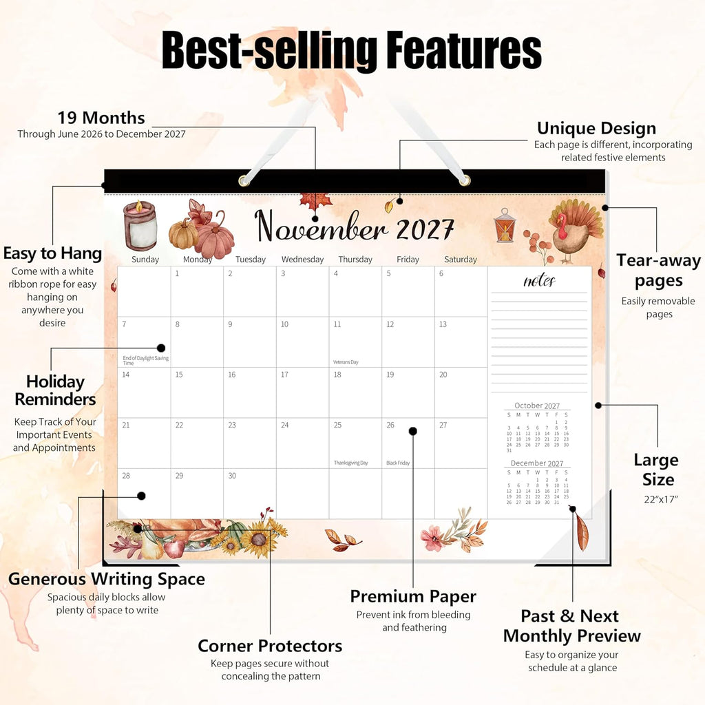 Monthly Large Desk Calendar 2026-2027 - 19 Months 22" x 17" Calendar from Jun. 2026 to Dec. 2027, Large Monthly
