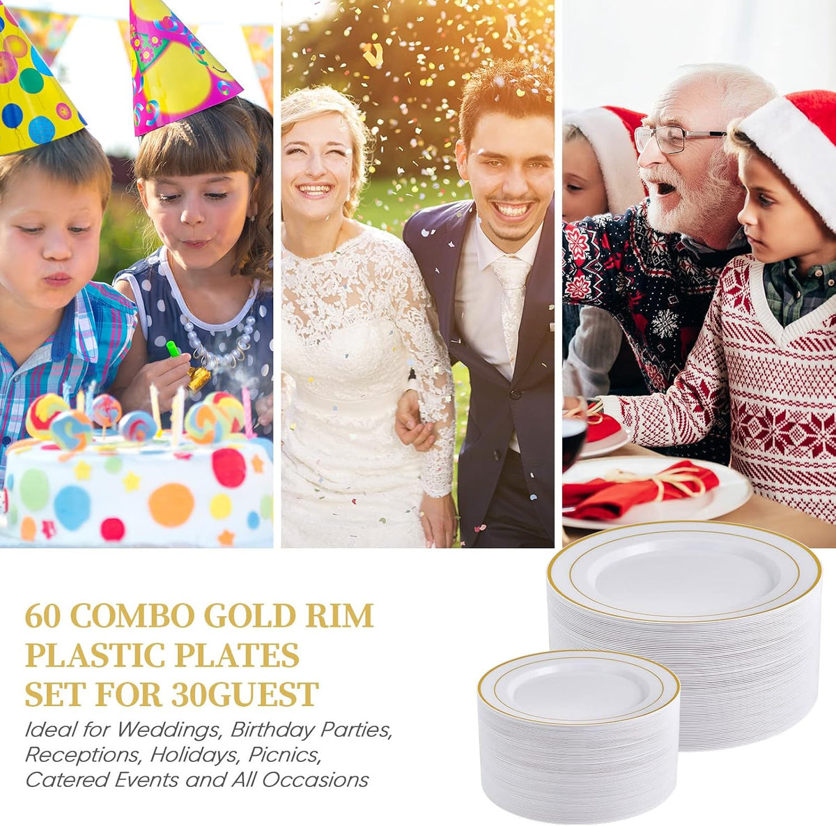 Gold Plastic Plates Set of 60, Disposable Plates with Gold Rim