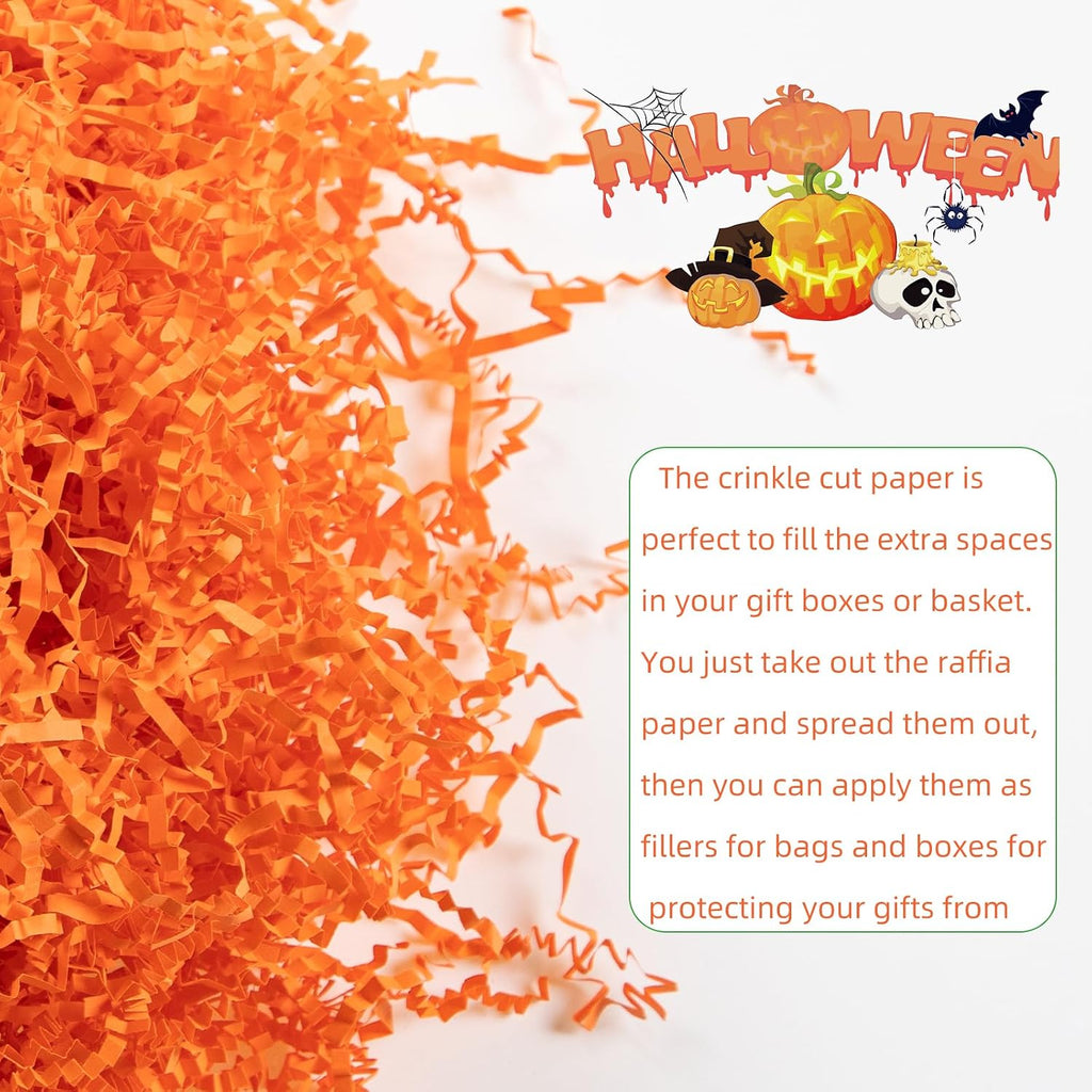 1/2LB Crinkle Cut Paper Shred, Orange Raffia Paper Sherd Filler Grass for Gift Wrapping Basket Filling Birthdays