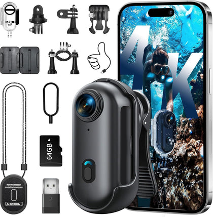 4K Thumb Action Camera with Memory Card Mini Body Camera WiFi Magnetic Clip Wearable Hands-Free Recording POV Camera
