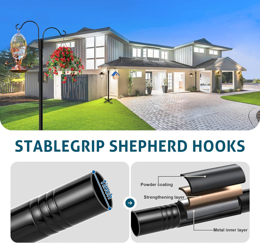Double Shepherds Hooks for Outdoor, 92 Inch Bird Feeder Pole with 5 Prong Base, Upgrade 1 INCH Thick Heavy Duty