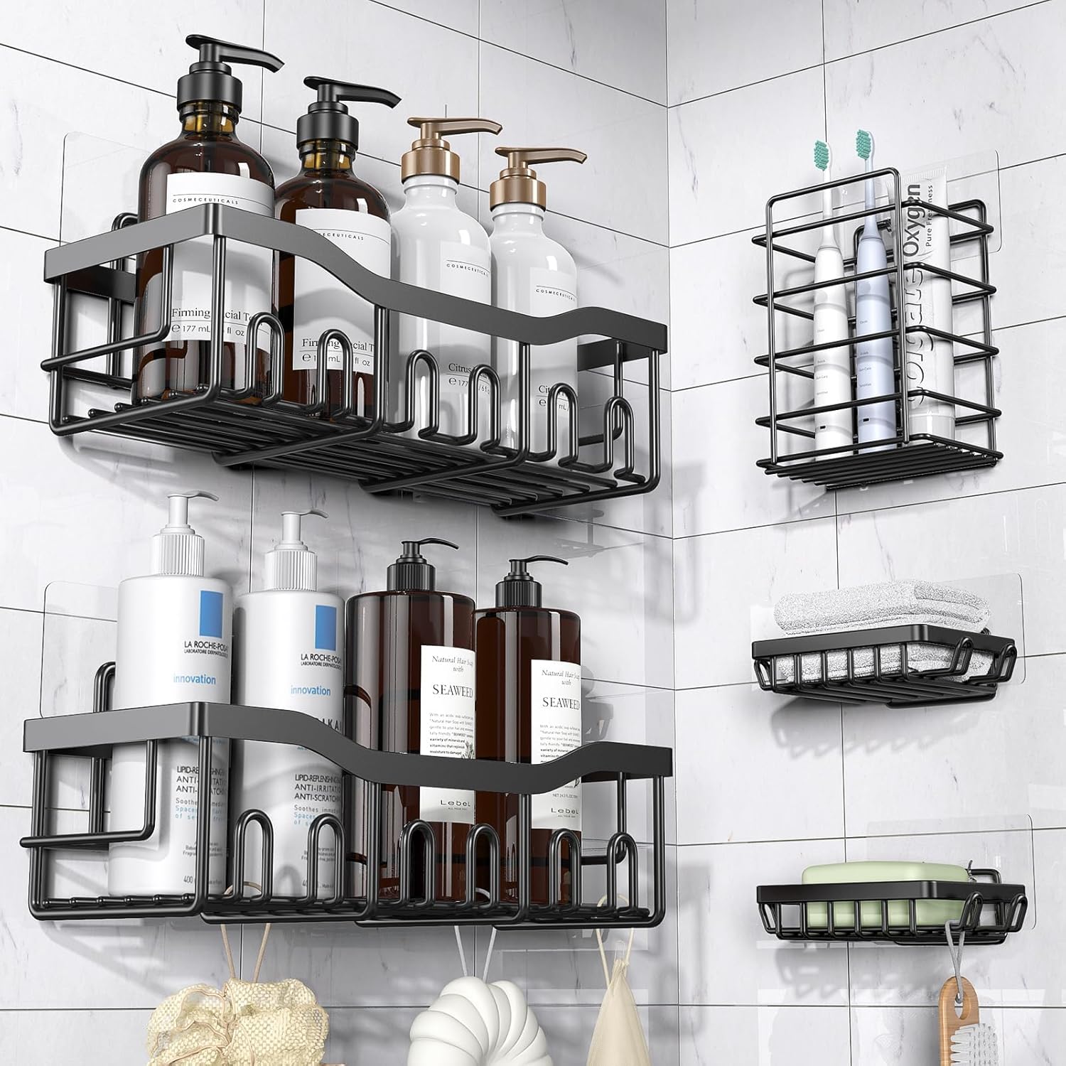Adhesive Shower Caddy, 5 Pack Rustproof Stainless Steel Bath Organizers With Large Capacity, No Drilling Shelves for