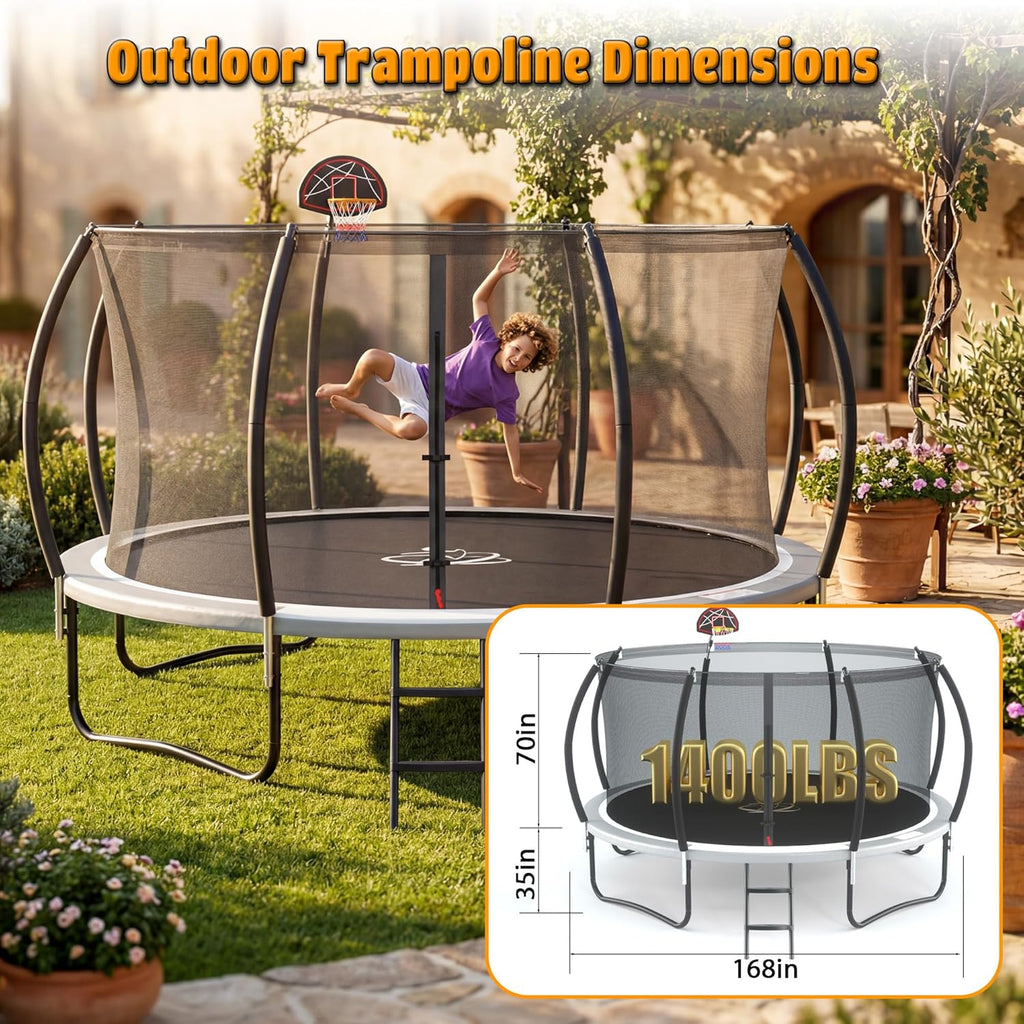 Outdoor Trampoline Recreational Trampolines with Anti-Rust Coating, Enclosure Net, Light+Sprinkler, Ladder, Wind