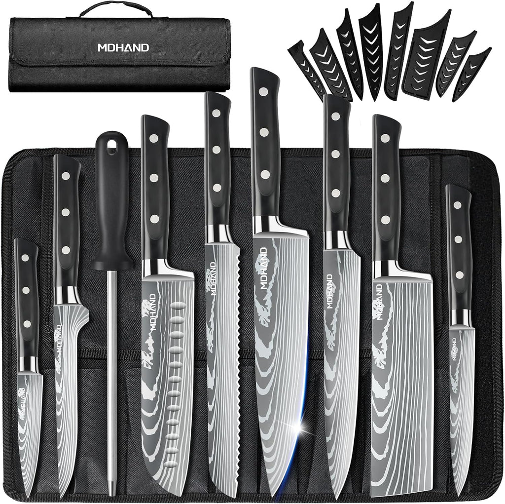 Chef Knife Set with Roll Bag, Professional Knife Set with Sharpener