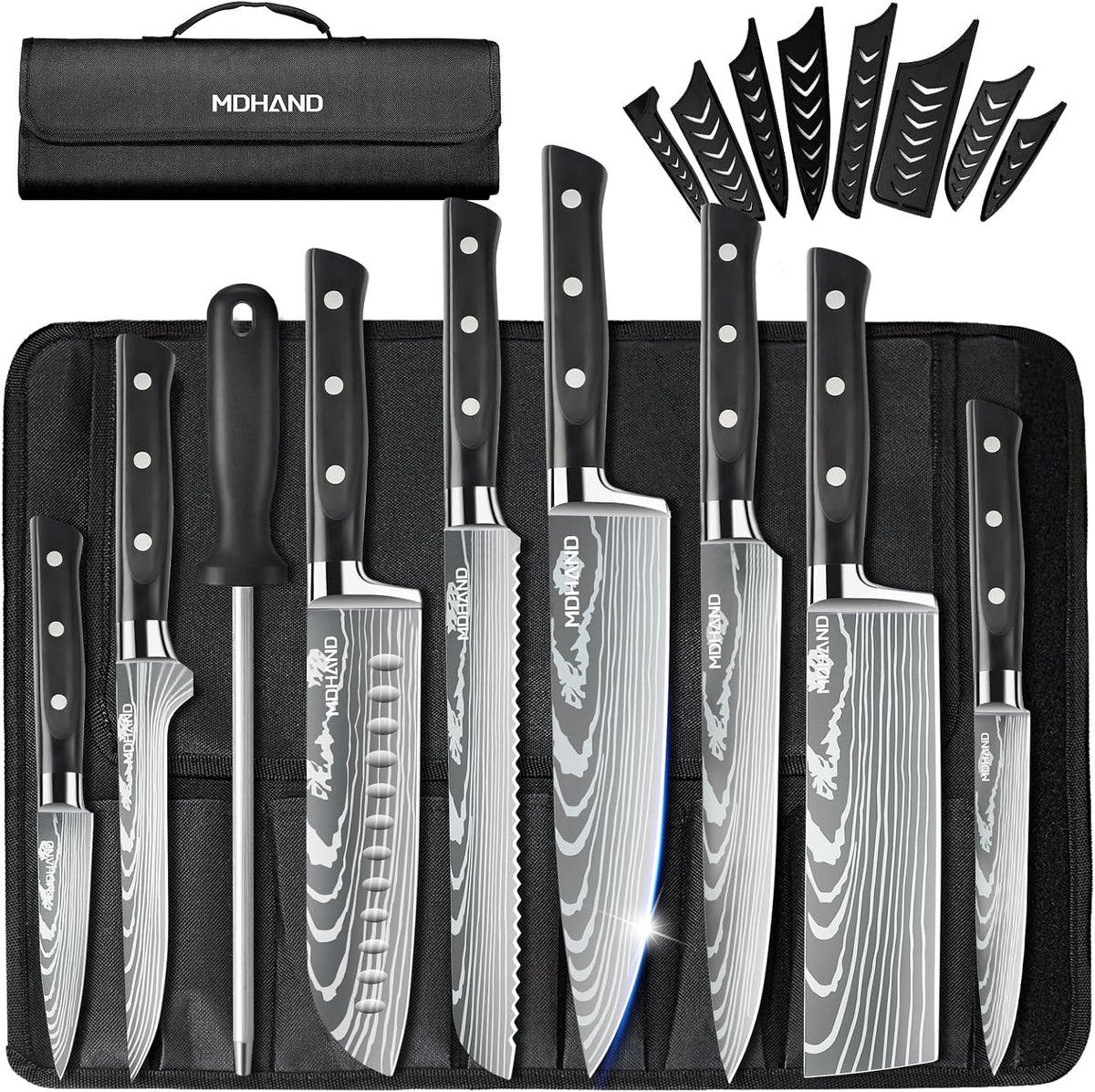 Chef Knife Set with Roll Bag, Professional Knife Set with Sharpener