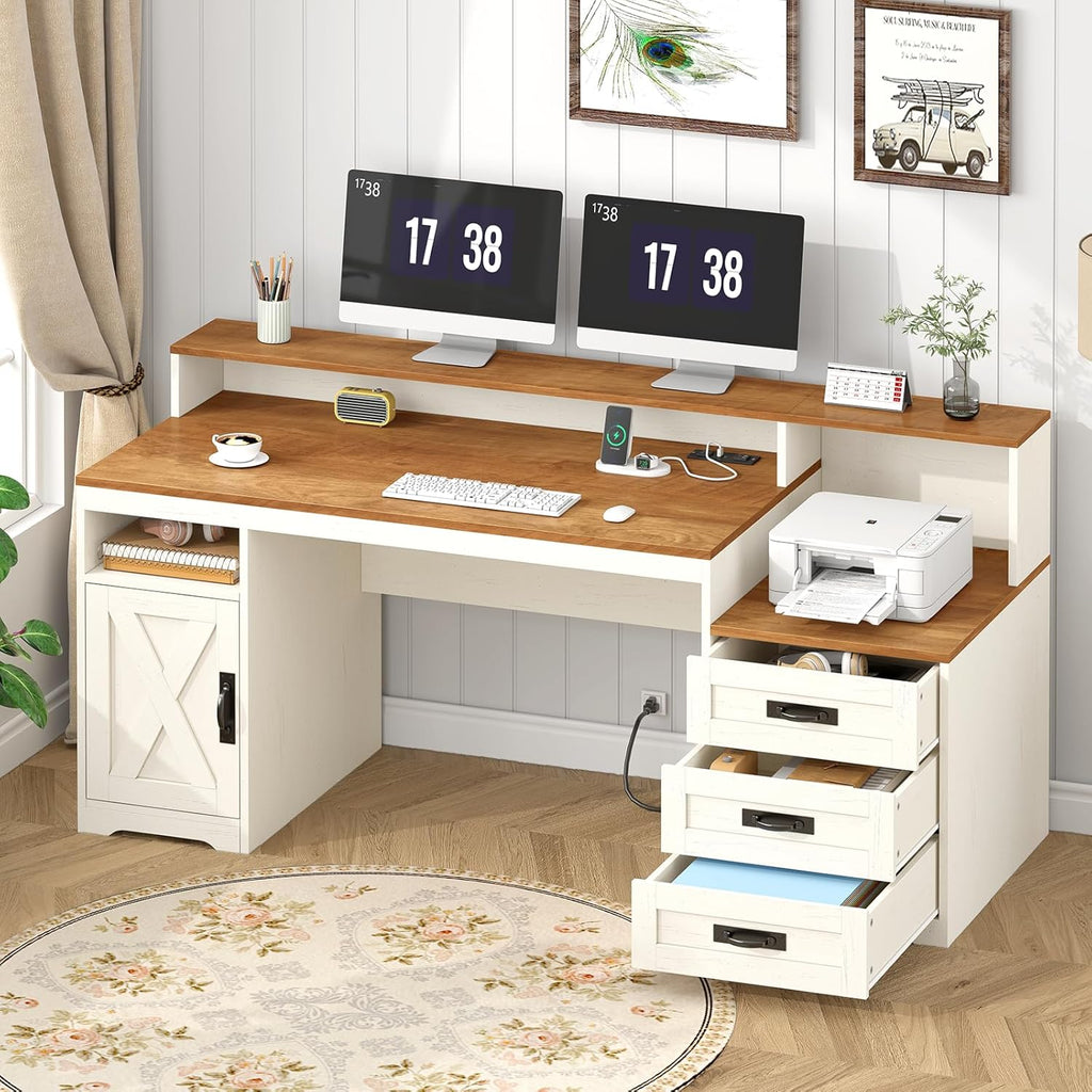 Farmhouse Computer Desk with Drawers, 65'' Home Office Desk with Power Outlets, Storage Cabinet and Printer Stand