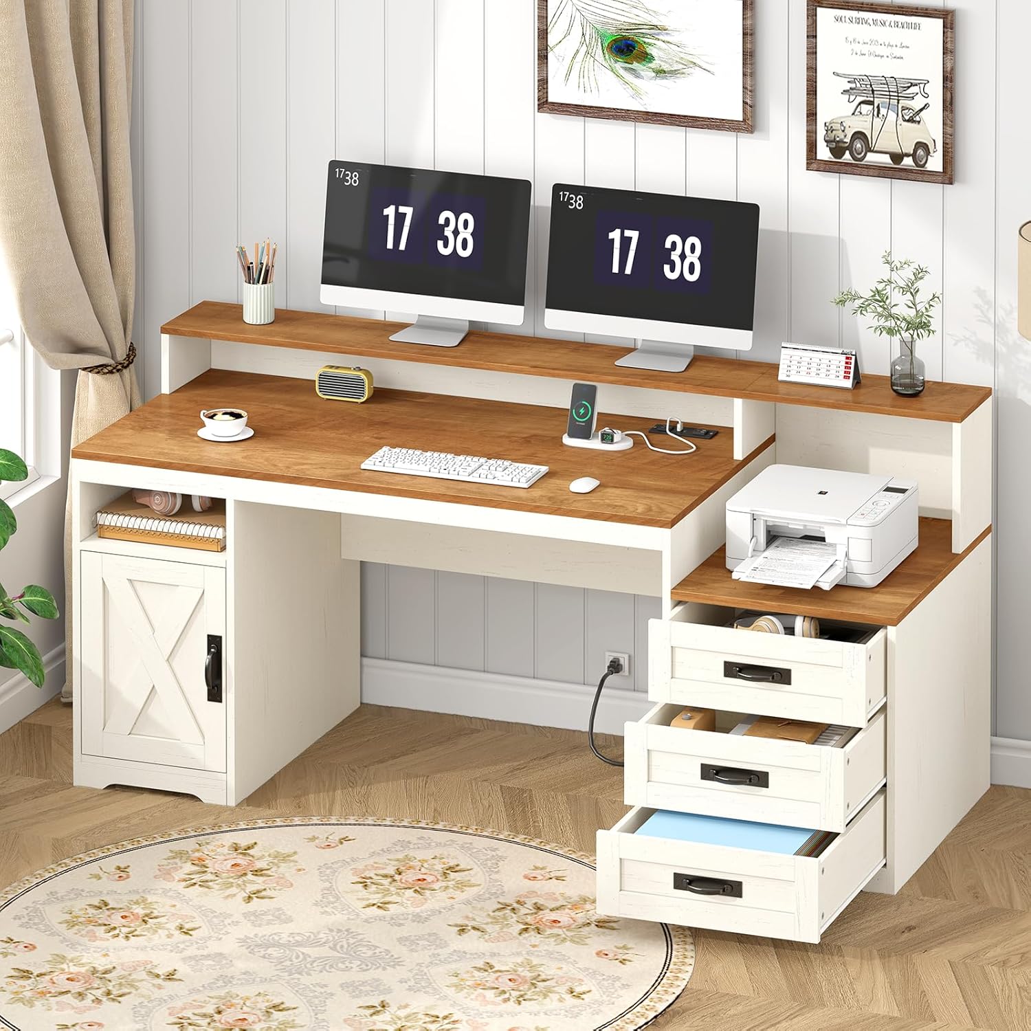 Farmhouse Computer Desk with Drawers, 65'' Home Office Desk with Power Outlets, Storage Cabinet and Printer Stand