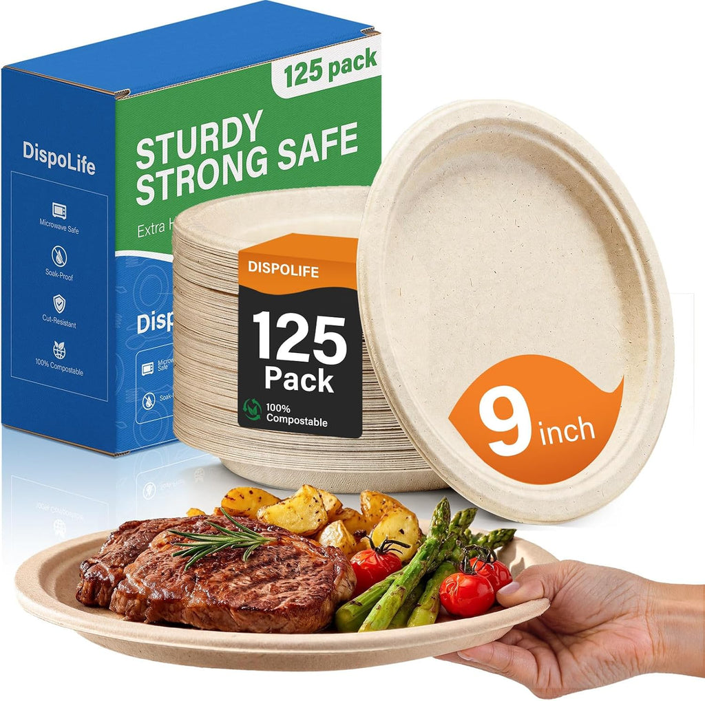 Compostable Paper Plates: 9 Inch 125 Pack Heavy Duty Disposable Plates