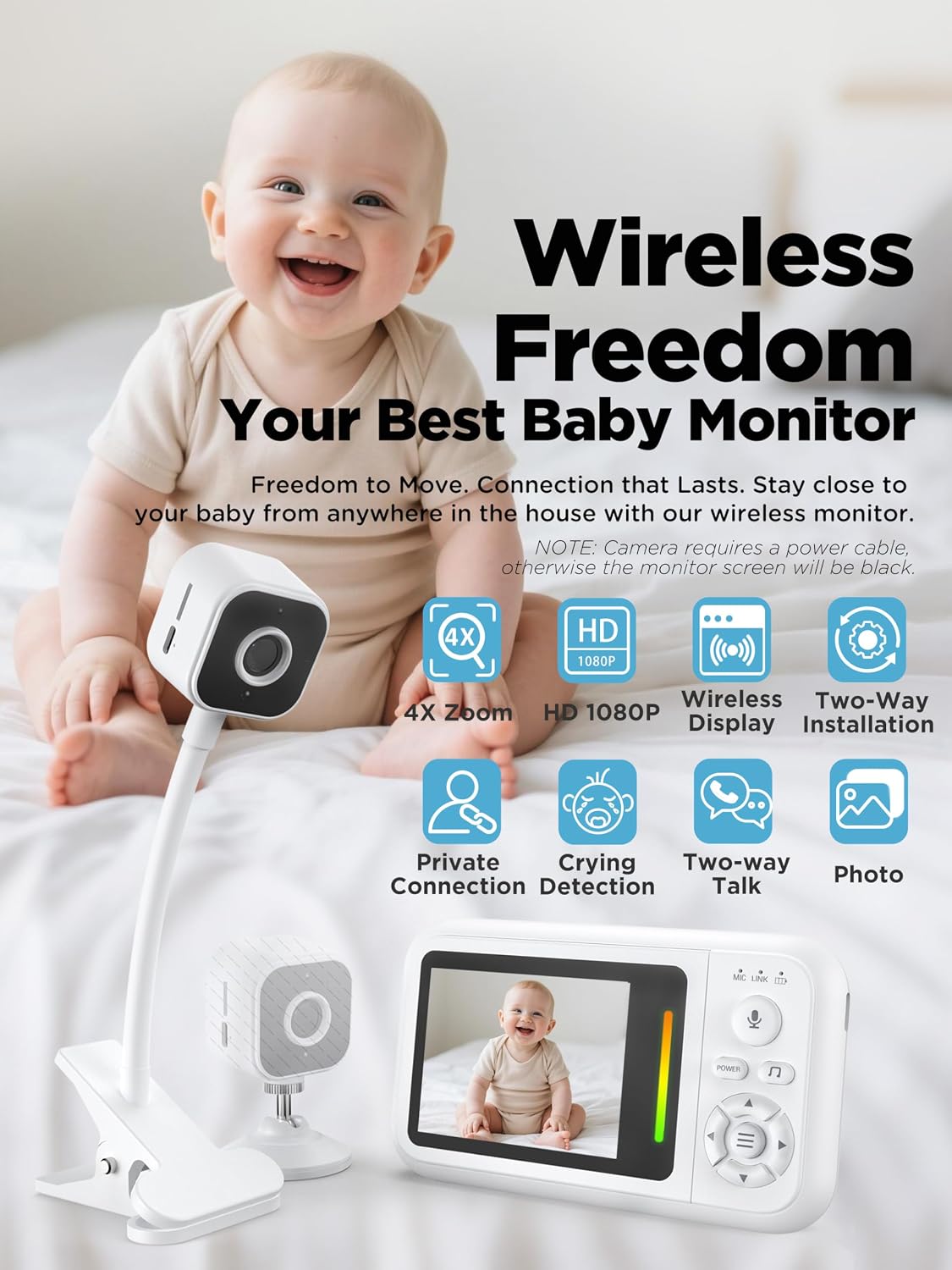 Baby Monitor with Camera and Audio No WiFi + Clip for Crib & Stand | Portable 2.8’’ HD 1080P Video Monitor, 2.4G