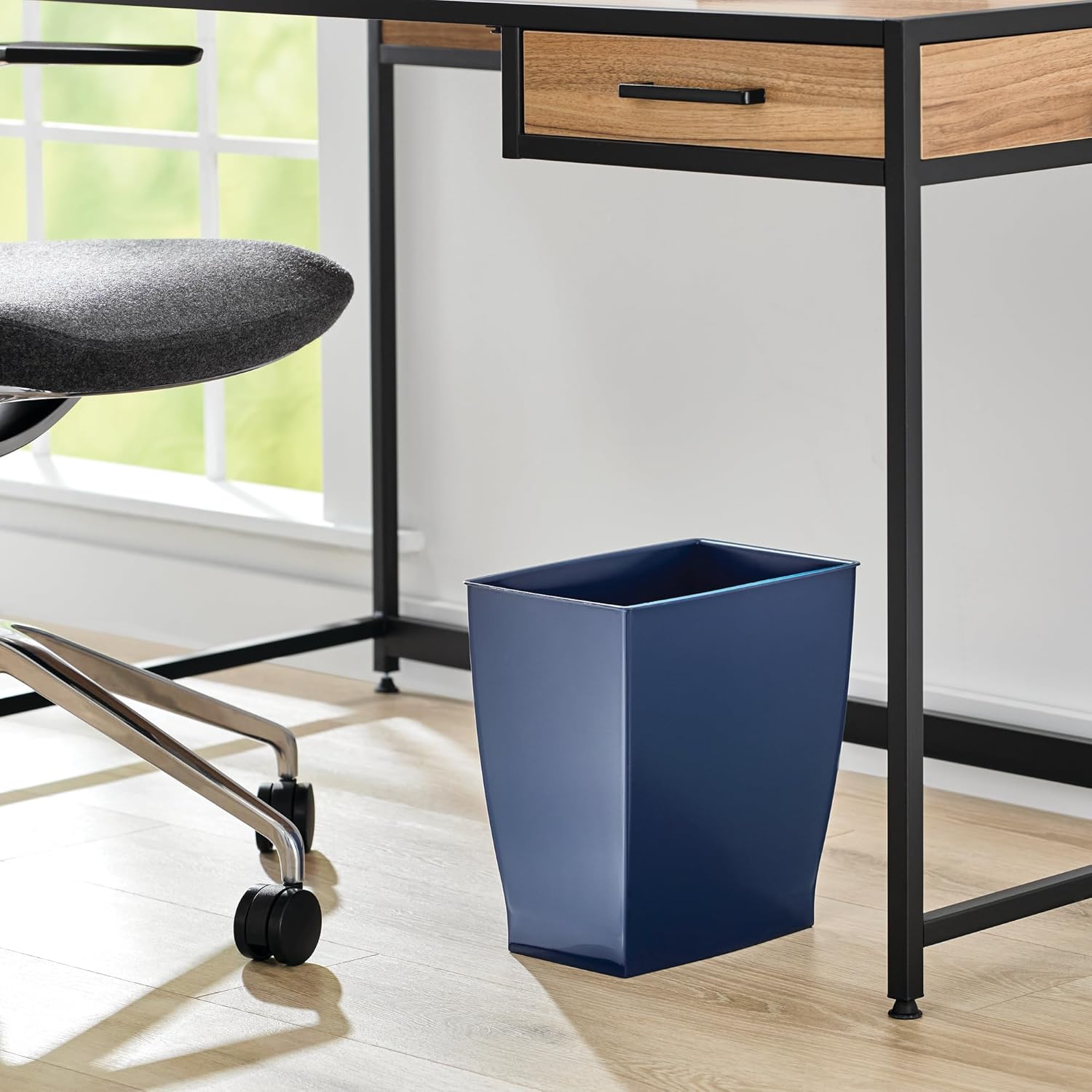 Small Plastic Bathroom Trash Can, Navy Blue | Slim Rectangle