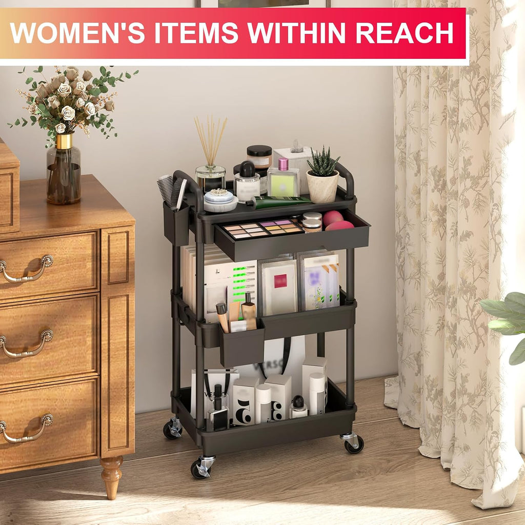 3 Tier Rolling Utility Cart Organizer with Removable Drawer, Black