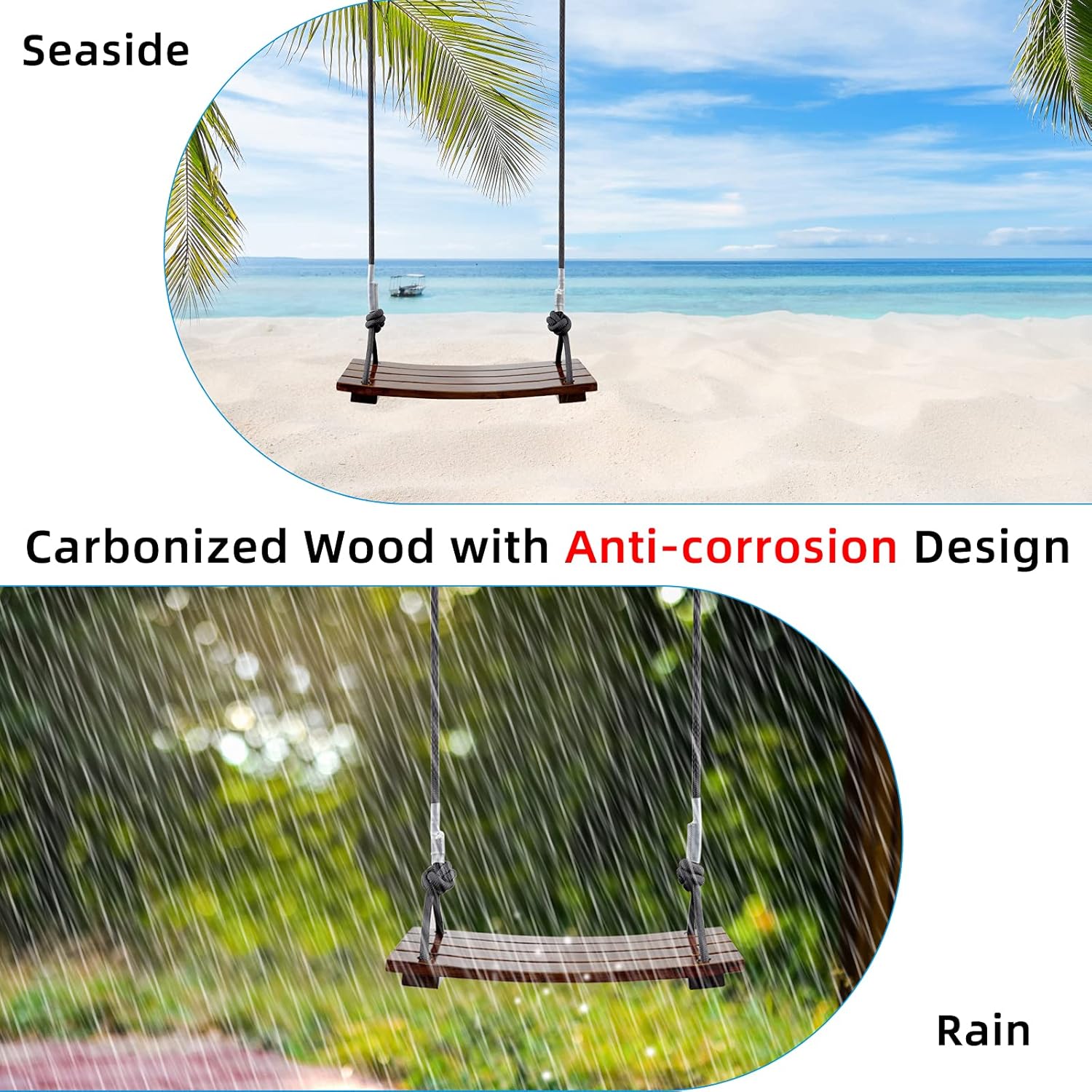 Wood Swing Seat, Carbonized Hanging Wood Tree Swing 16.9 x7.9 x0.5 in for Adult Kids Children Anticorrosive & 100%