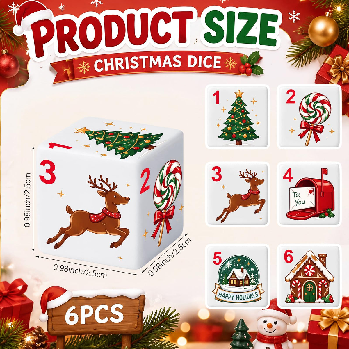 6 Pcs Christmas Mahjong Dice, 25mm Acrylic Game Dice